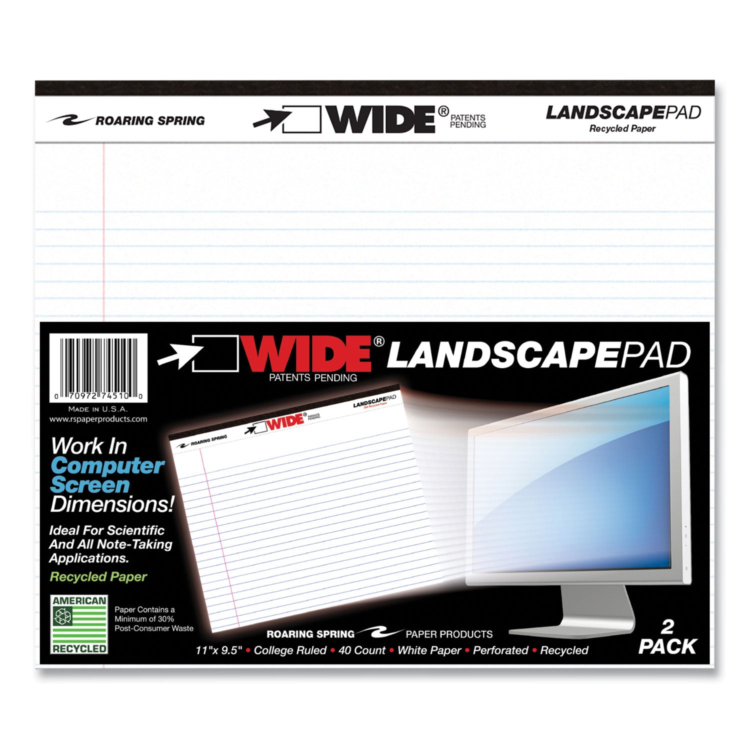 WIDE Landscape Format Writing Pad, Medium/College Rule, 40 White 11 x 9.5 Sheets, 18/Carton
