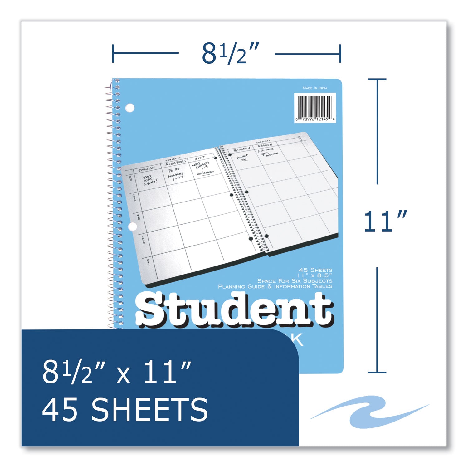 Academic - Weekly - 1 Week Double Page Layout - 8 1/2" x 11" Sheet Size - Green Sheet - 3 x Holes - Spiral Bound - White - Bond Paper - Blue Cover - 11" Height x 8.5" Width - Printed, Hole-punched, Smooth, Snag Proof - 1 Carton
