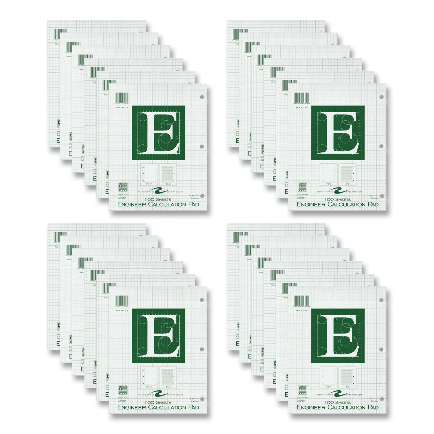 Roaring Spring 5x5 Grid Engineering Pad, 11" x 8.5", Green, 100 Sheets, 200 Pages, 3-Hole Punched, Glued Top, Chipboard Cover, 24 Pads per Carton