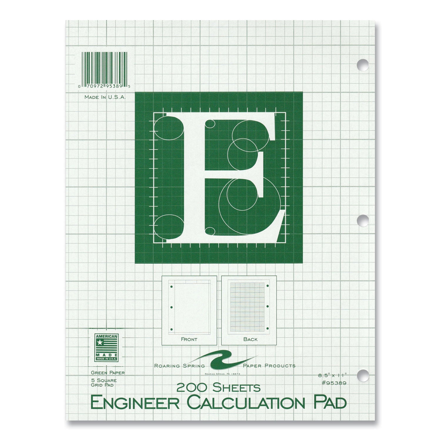 Roaring Spring 5x5 Grid Engineering Pad, 11" x 8.5", Green, 200 Sheets, 400 Pages, 3-Hole Punched, Glued Top, Chipboard Cover, 24 Pads per Carton