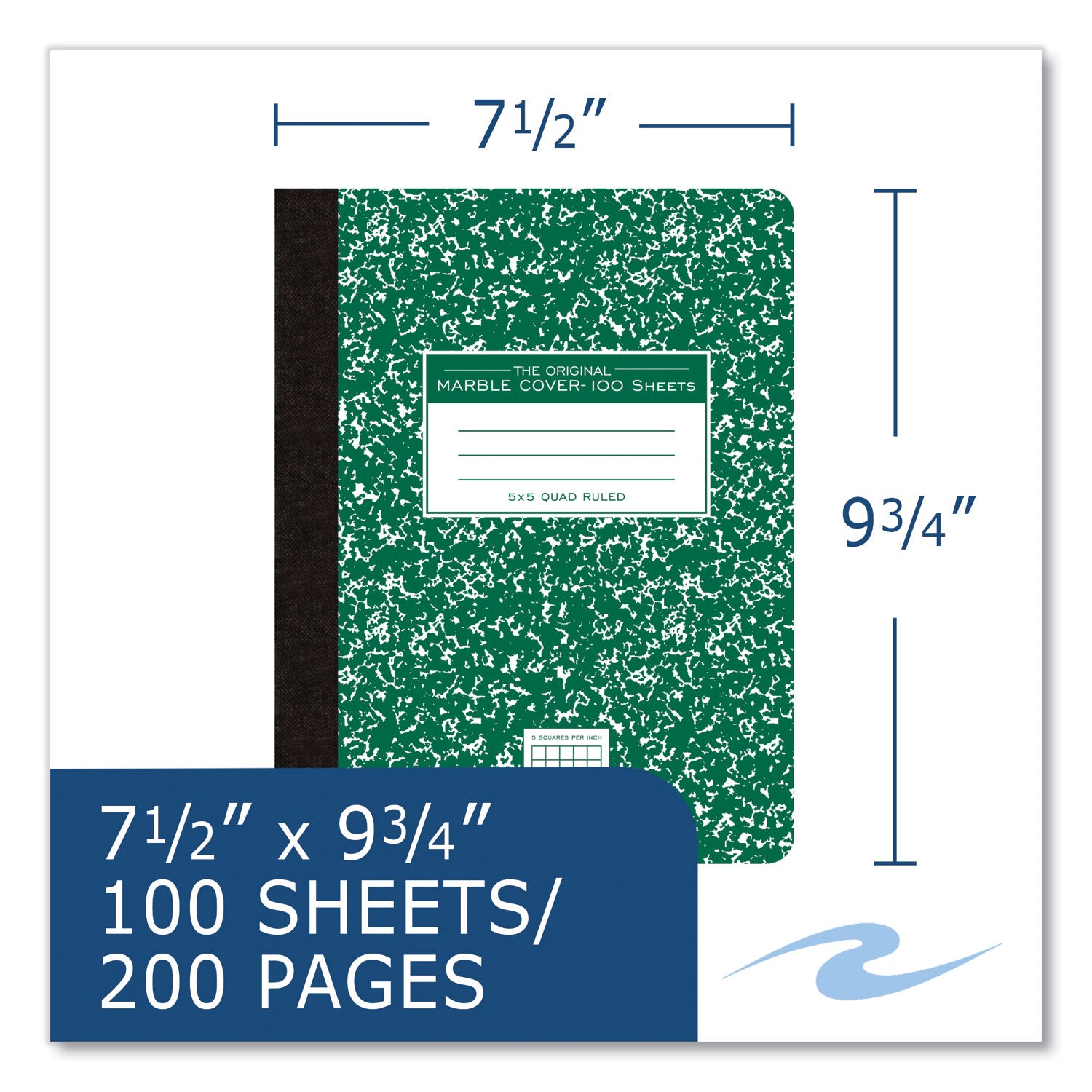 Roaring Spring Marble Comp Book, 100 Sheets, 200 Pages, Quad Ruled, 9 3/4" x 7 1/2", Green Marble Cover, Sewn/Tapebound, White Paper, 1 Carton