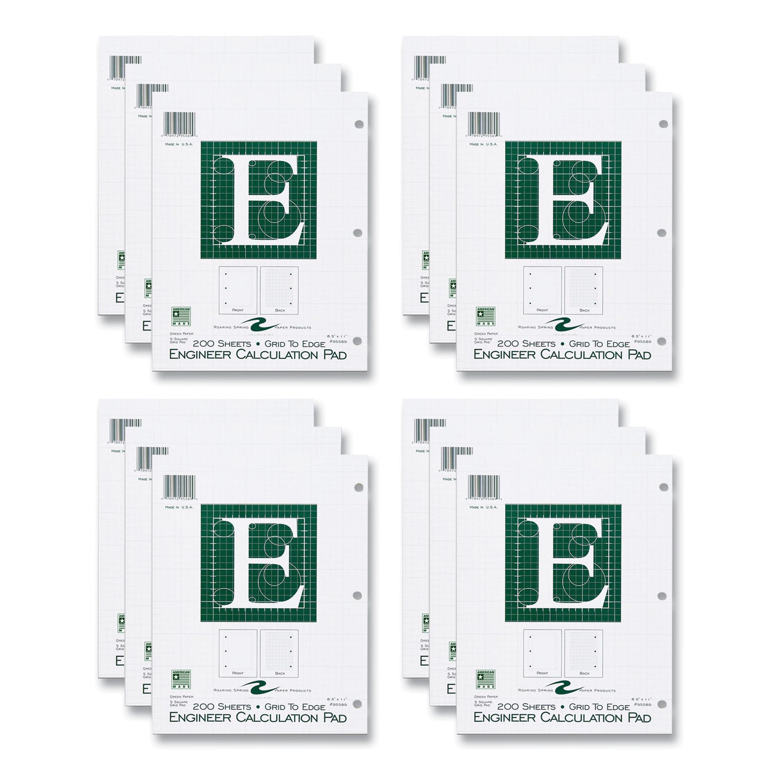 Engineer Pad, (1.25" Margin), Quad Rule (5 sq/in, 1 sq/in), 200 Light Green 8.5 x 11 Sheets/Pad, 12/Carton