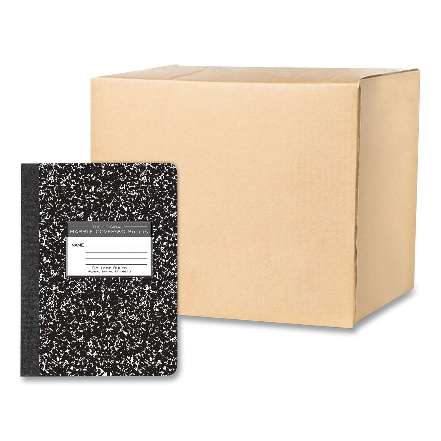 Roaring Spring Composition Book, 80 Sheets, 160 Pages, College Ruled, 9 3/4" x 7 1/2", Black Marble Hardboard Cover, 8 per Carton