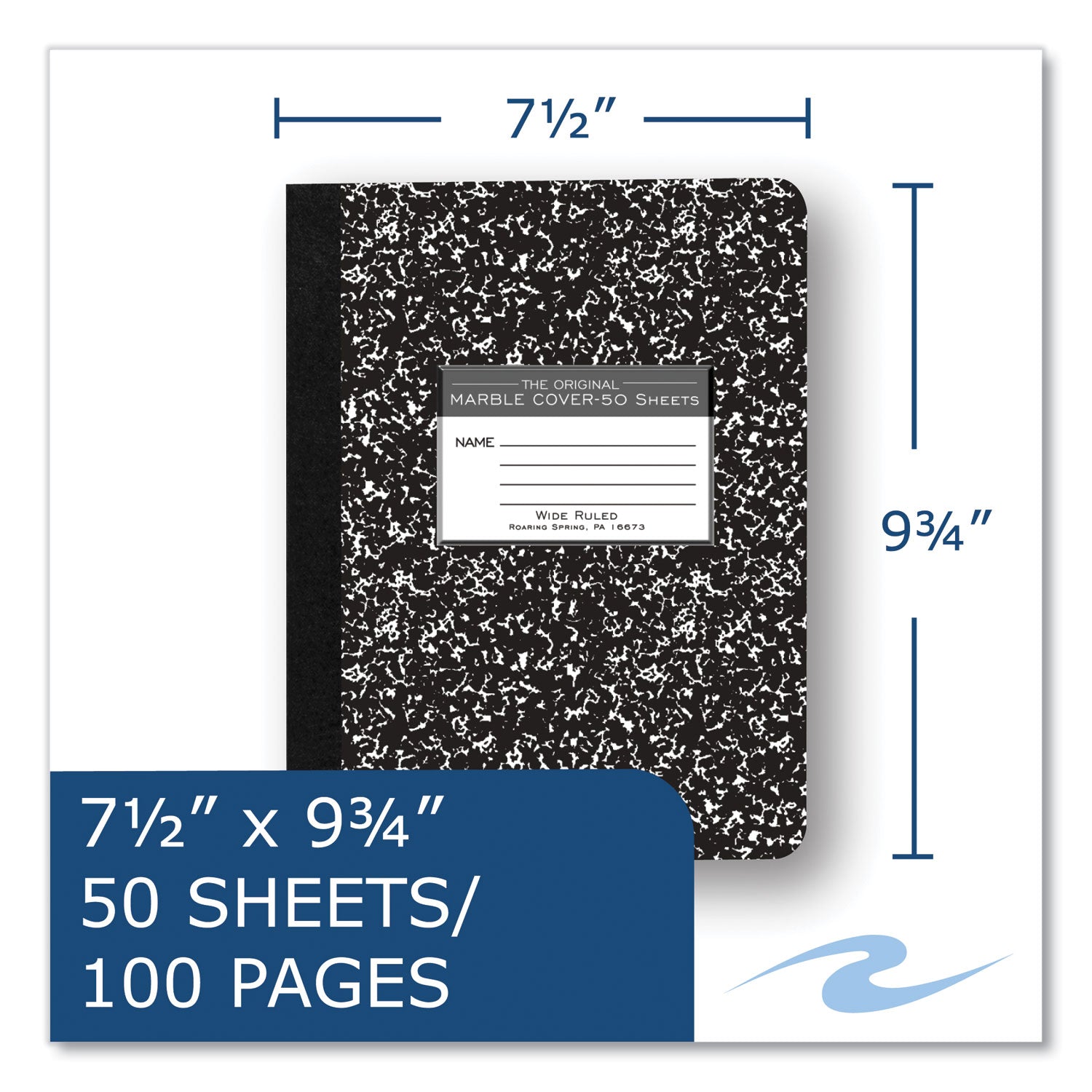 Roaring Spring Marble Comp Book, 50 Sheets, 100 Pages, Wide Ruled, 9 3/4" x 7 1/2", Black Marble Hardboard Cover, 48 per Carton