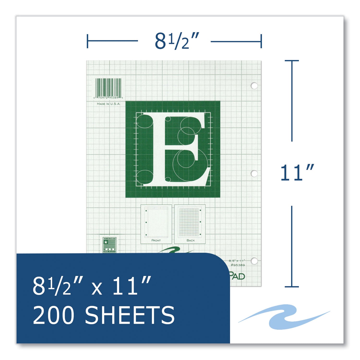 Roaring Spring 5x5 Grid Engineering Pad, 11" x 8.5", Green, 200 Sheets, 400 Pages, 3-Hole Punched, Glued Top, Chipboard Cover, 24 Pads per Carton