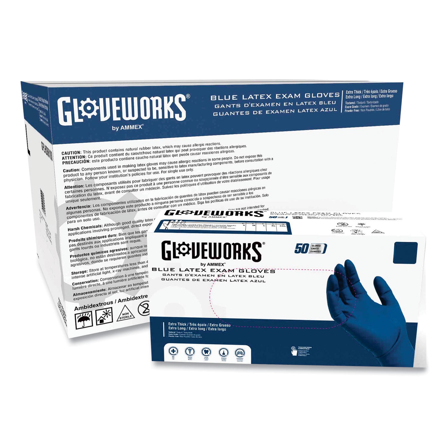 Latex Exam Gloves, Powder-Free, Medium, Blue, 50 Gloves/Box, 10 Boxes/Carton