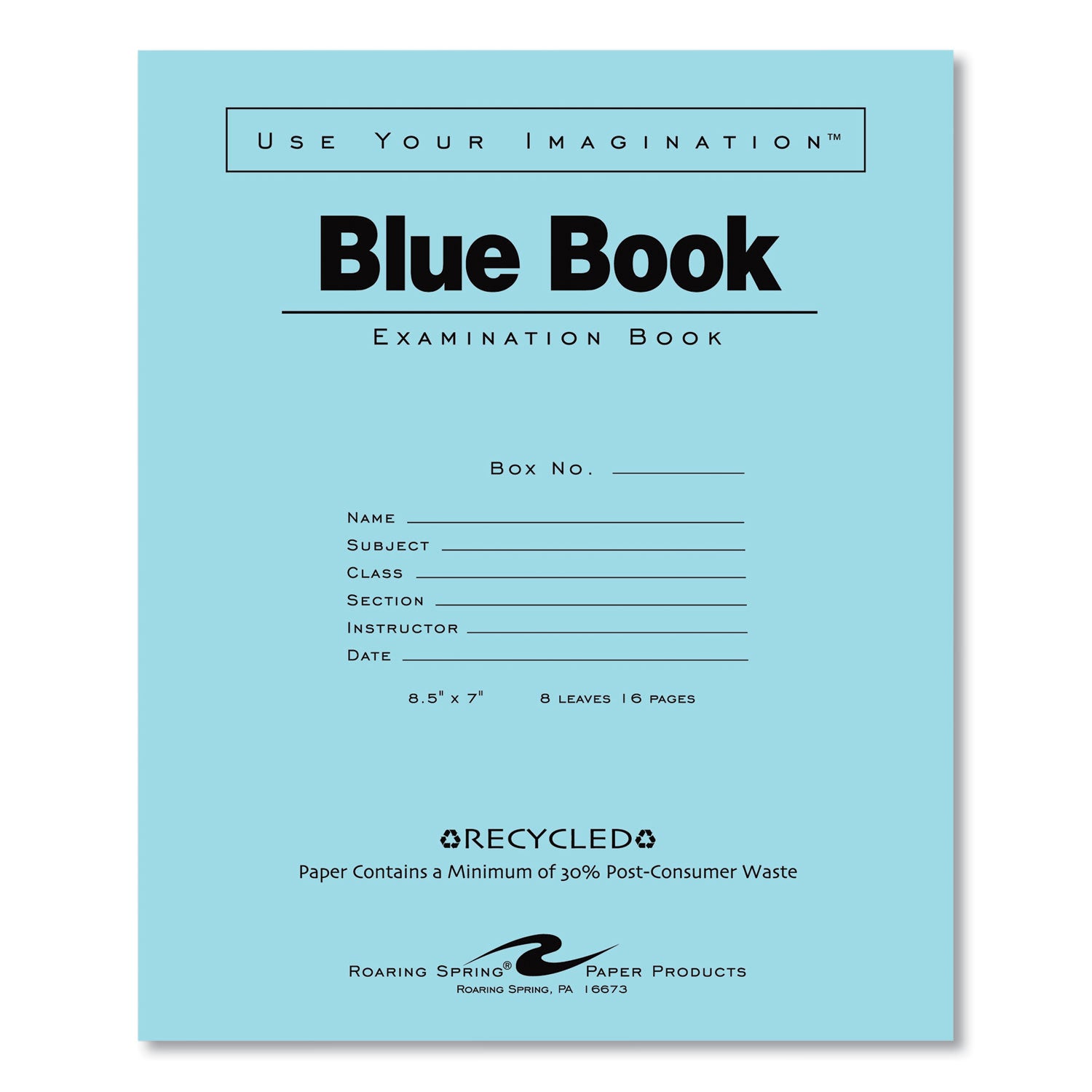 Roaring Spring Blue Examination Book, 8 Sheets, 16 Pages, Wide Ruled, 8.5" x 7", Stapled Spine, Blue Cover, White Recycled Paper, 1 Carton