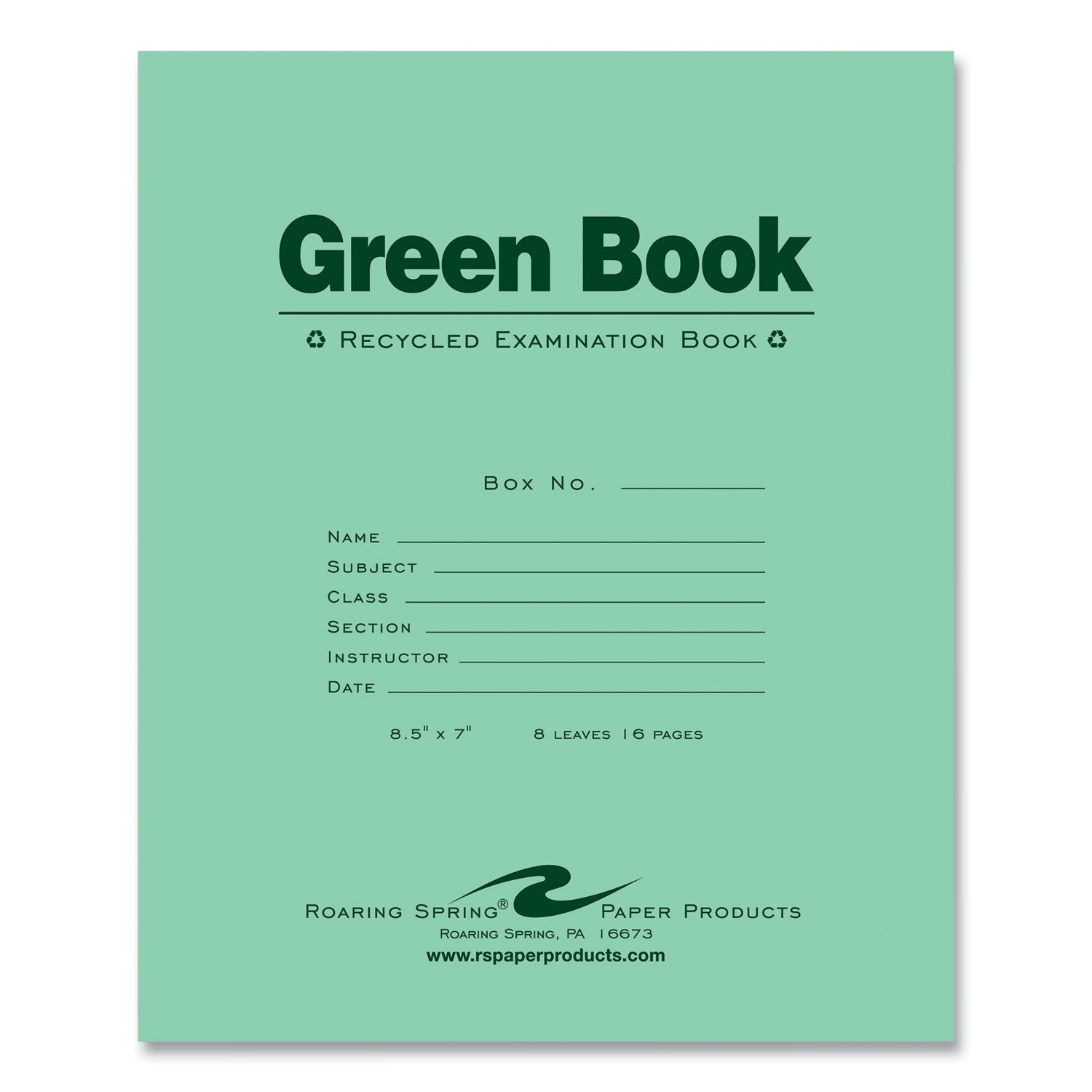 Recycled Exam Book, Wide/Legal Rule, Green Cover, (8) 8.5 x 7 Sheets, 600/Carton