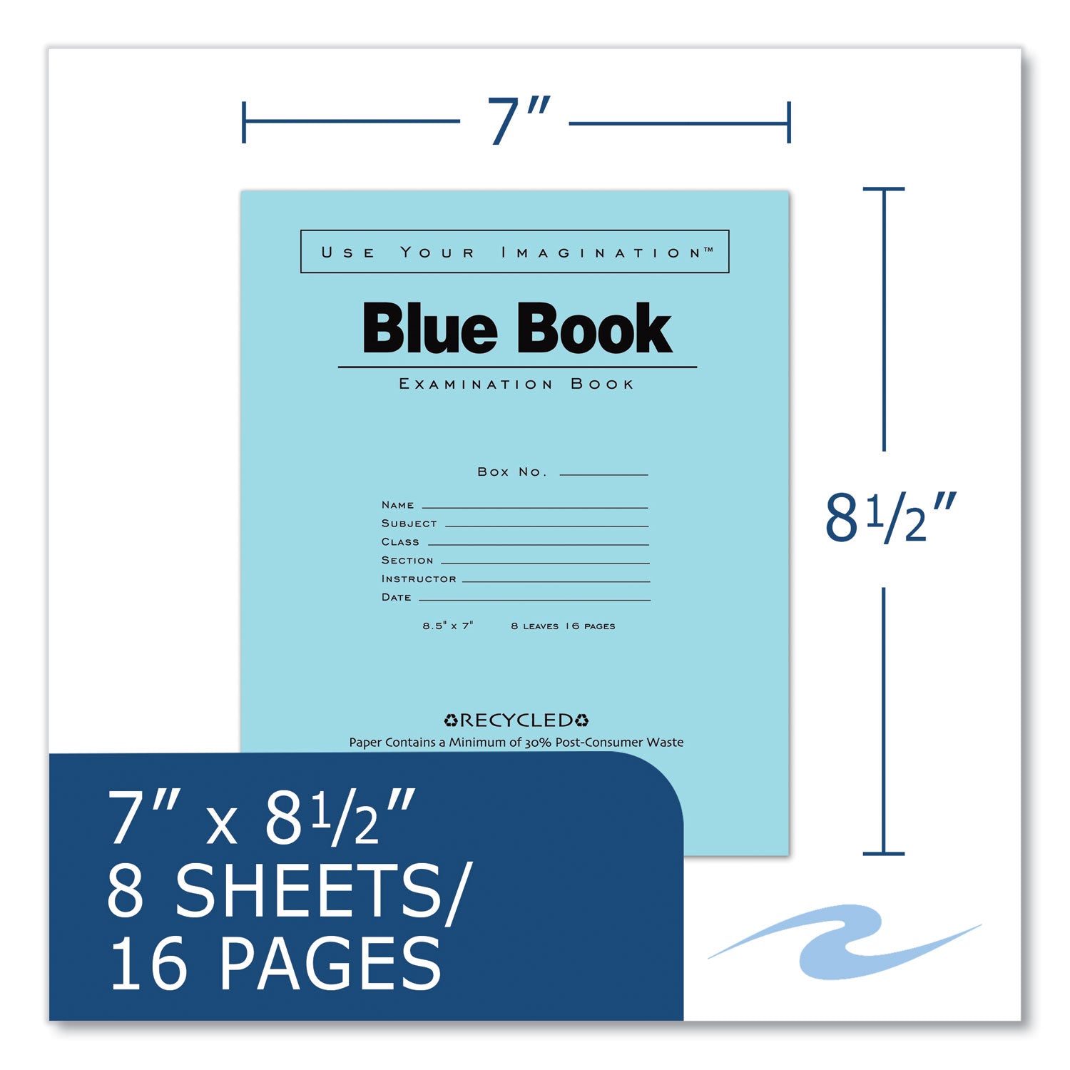 Roaring Spring Blue Examination Book, 8 Sheets, 16 Pages, Wide Ruled, 8.5" x 7", Stapled Spine, Blue Cover, White Recycled Paper, 1 Carton