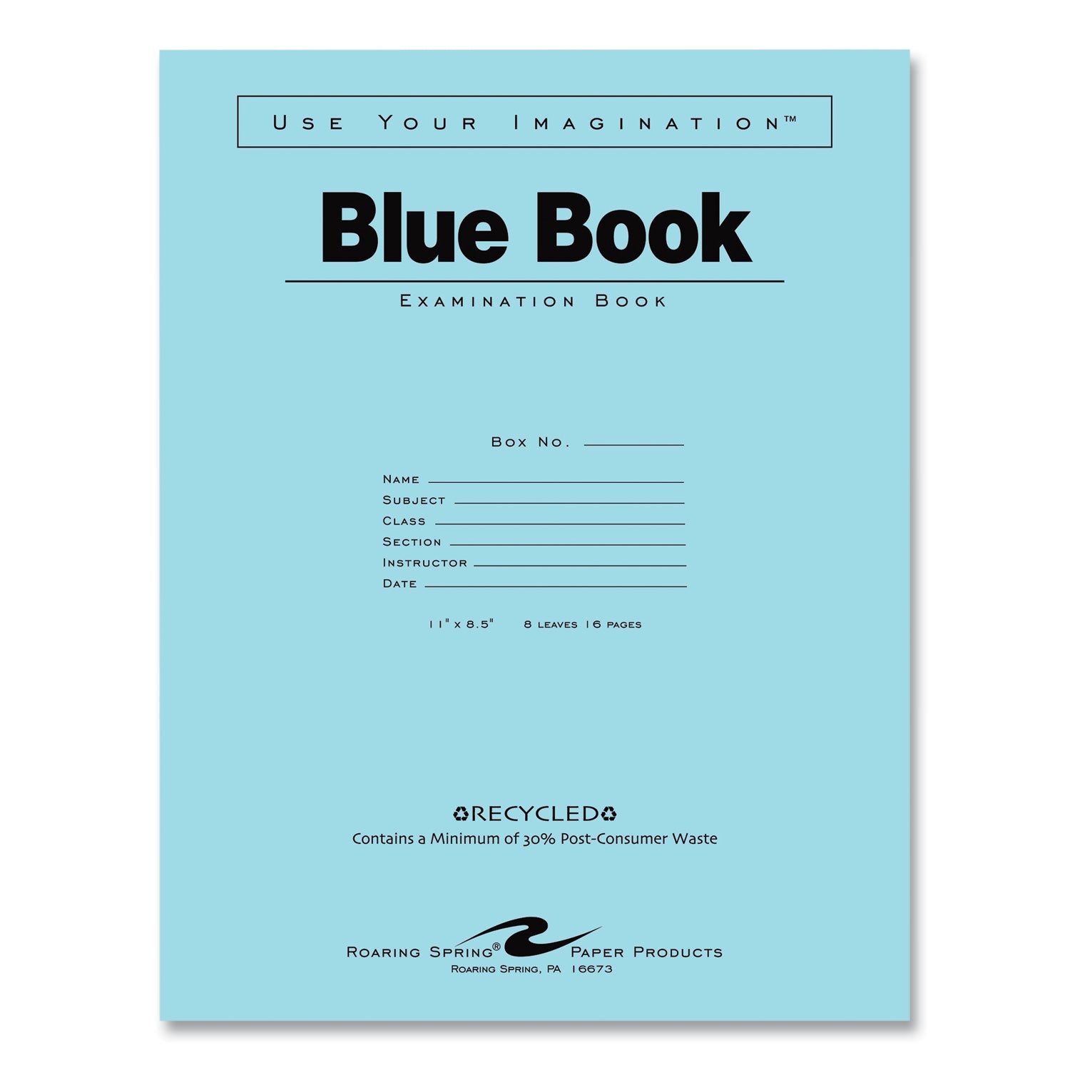 Roaring Spring Blue Examination Book, 8 Sheets (16 Pages), Wide Ruled, Stapled Spine, Blue Cover, 11" x 8.5", White Recycled Paper, 1 Carton