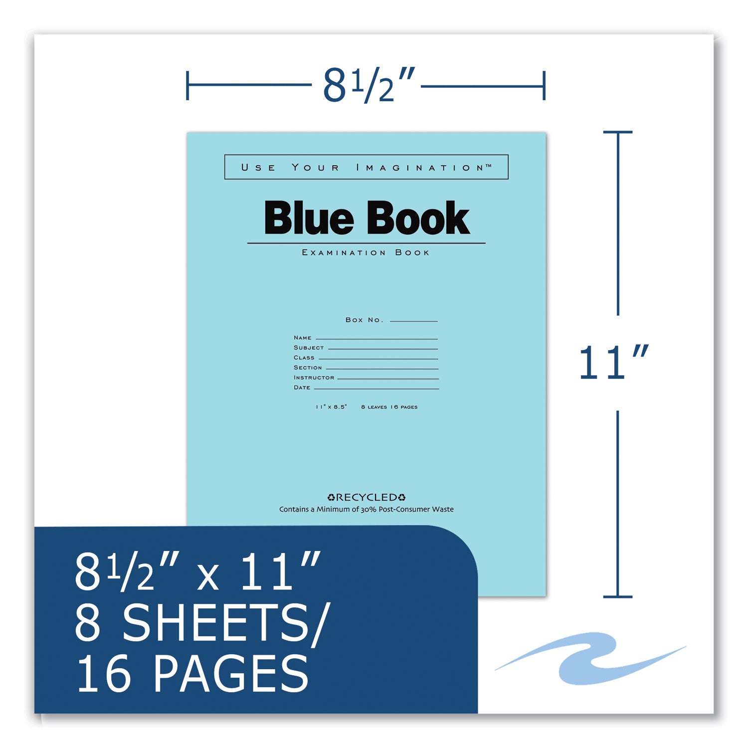 Roaring Spring Blue Examination Book, 8 Sheets (16 Pages), Wide Ruled, Stapled Spine, Blue Cover, 11" x 8.5", White Recycled Paper, 1 Carton