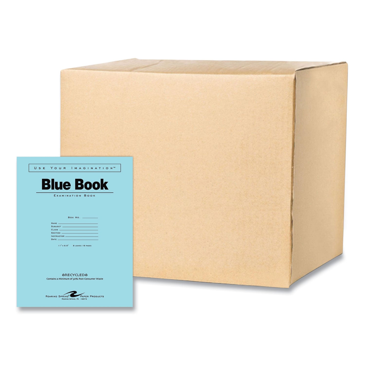 Roaring Spring Blue Examination Book, 8 Sheets (16 Pages), Wide Ruled, Stapled Spine, Blue Cover, 11" x 8.5", White Recycled Paper, 1 Carton