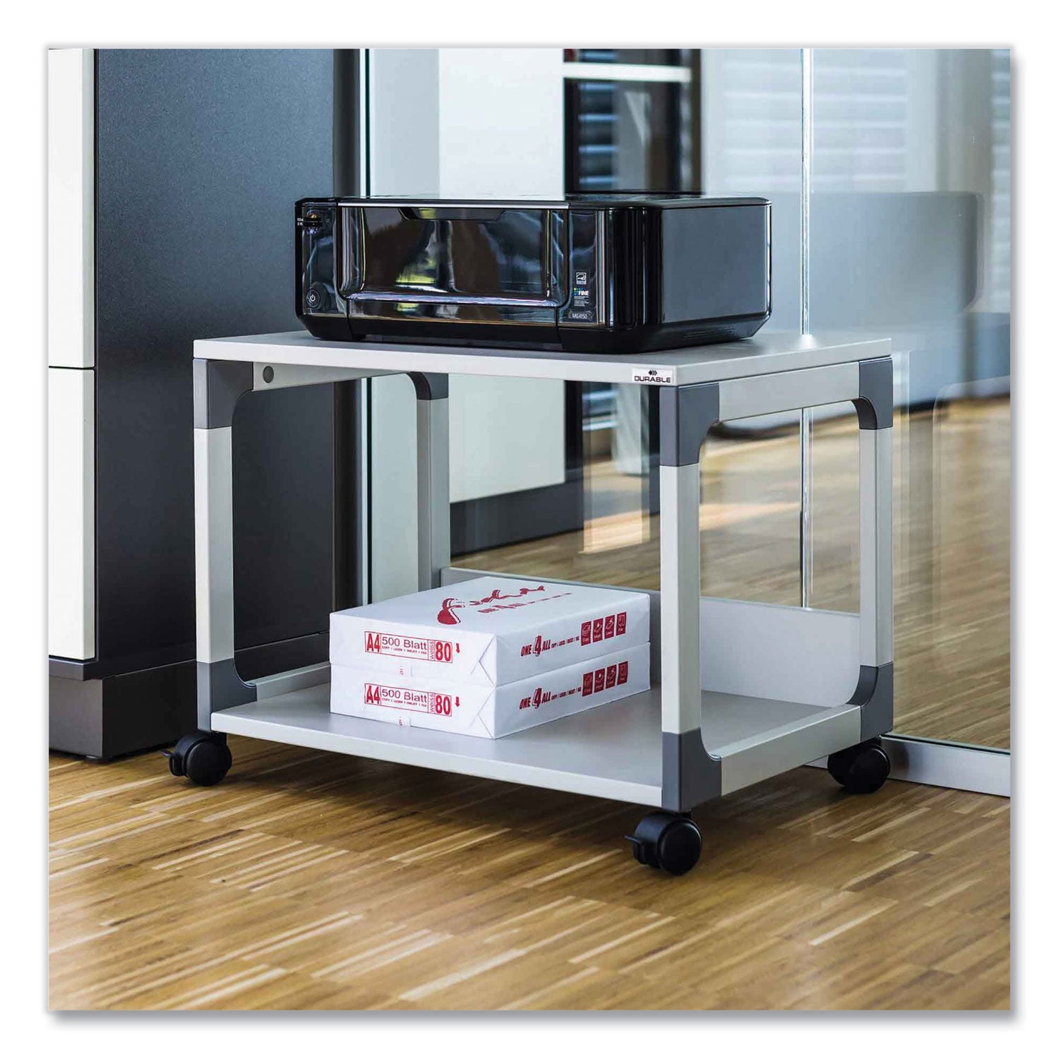 DURABLE System 48 Multifunction Trolley, 2 Shelves, 4 Casters, Plastic/Steel/Melamine Faced Chipboard, 23.62" W x 17.01" D x 18.78" H, Metal Frame, Gray, 1 Each