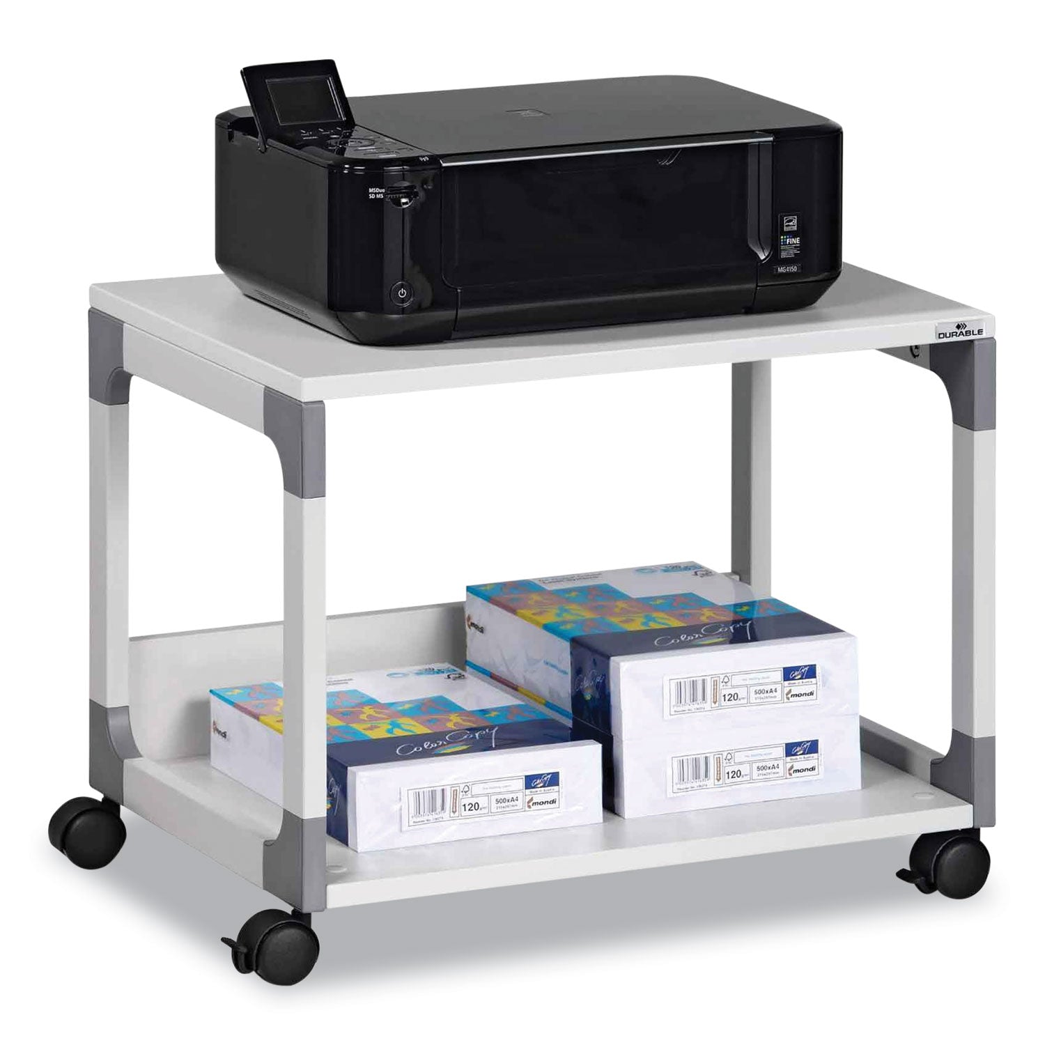 DURABLE System 48 Multifunction Trolley, 2 Shelves, 4 Casters, Plastic/Steel/Melamine Faced Chipboard, 23.62" W x 17.01" D x 18.78" H, Metal Frame, Gray, 1 Each