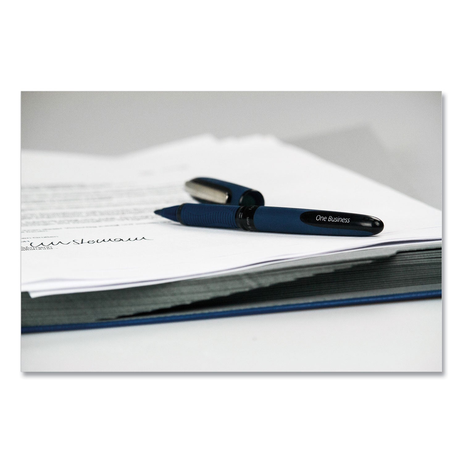 Schneider One Business Rollerball - 0.6 mm Medium Pen Point - Black Ink - Black, Dark Blue Barrel - 10 / Pack