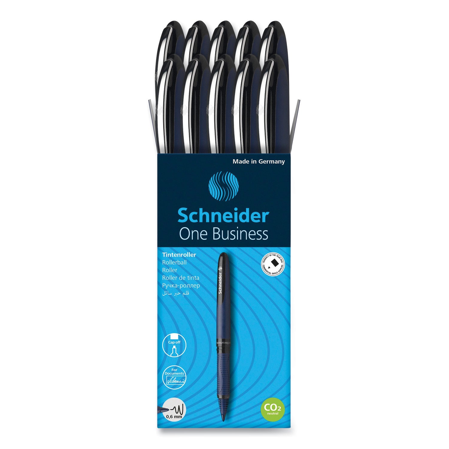 Schneider One Business Rollerball - 0.6 mm Medium Pen Point - Black Ink - Black, Dark Blue Barrel - 10 / Pack