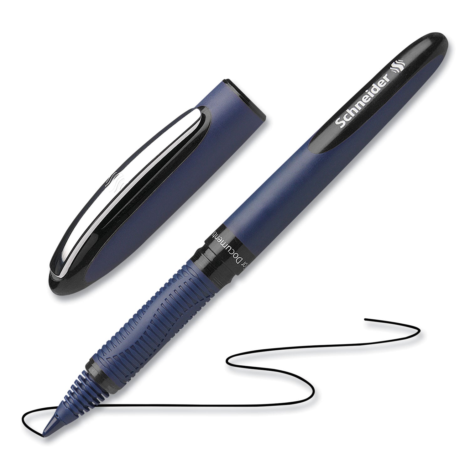 Schneider One Business Rollerball - 0.6 mm Medium Pen Point - Black Ink - Black, Dark Blue Barrel - 10 / Pack
