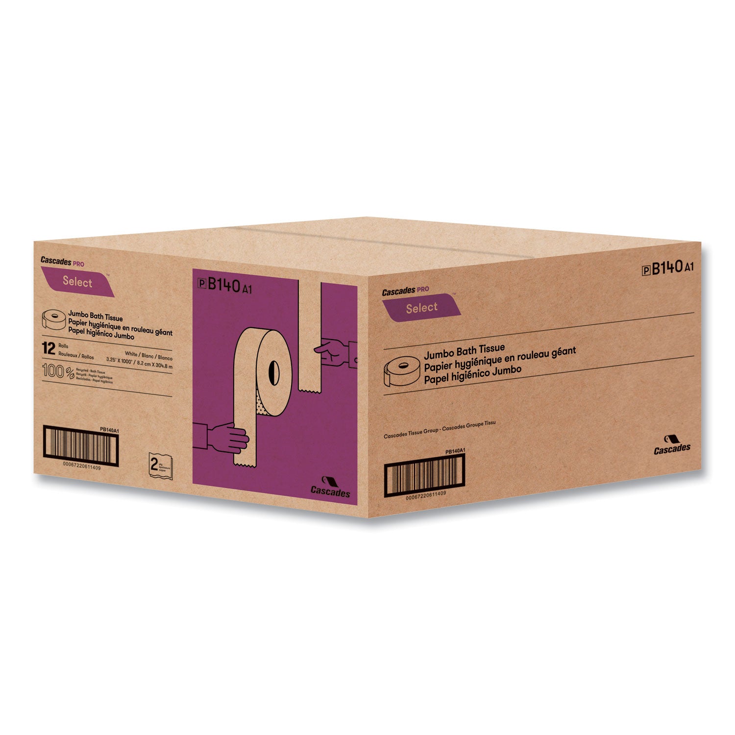 Cascades PRO Select Jumbo Toilet Paper - 2 Ply - 3.30" Width x 1000 ft Length - White - Fiber - 12 / Carton