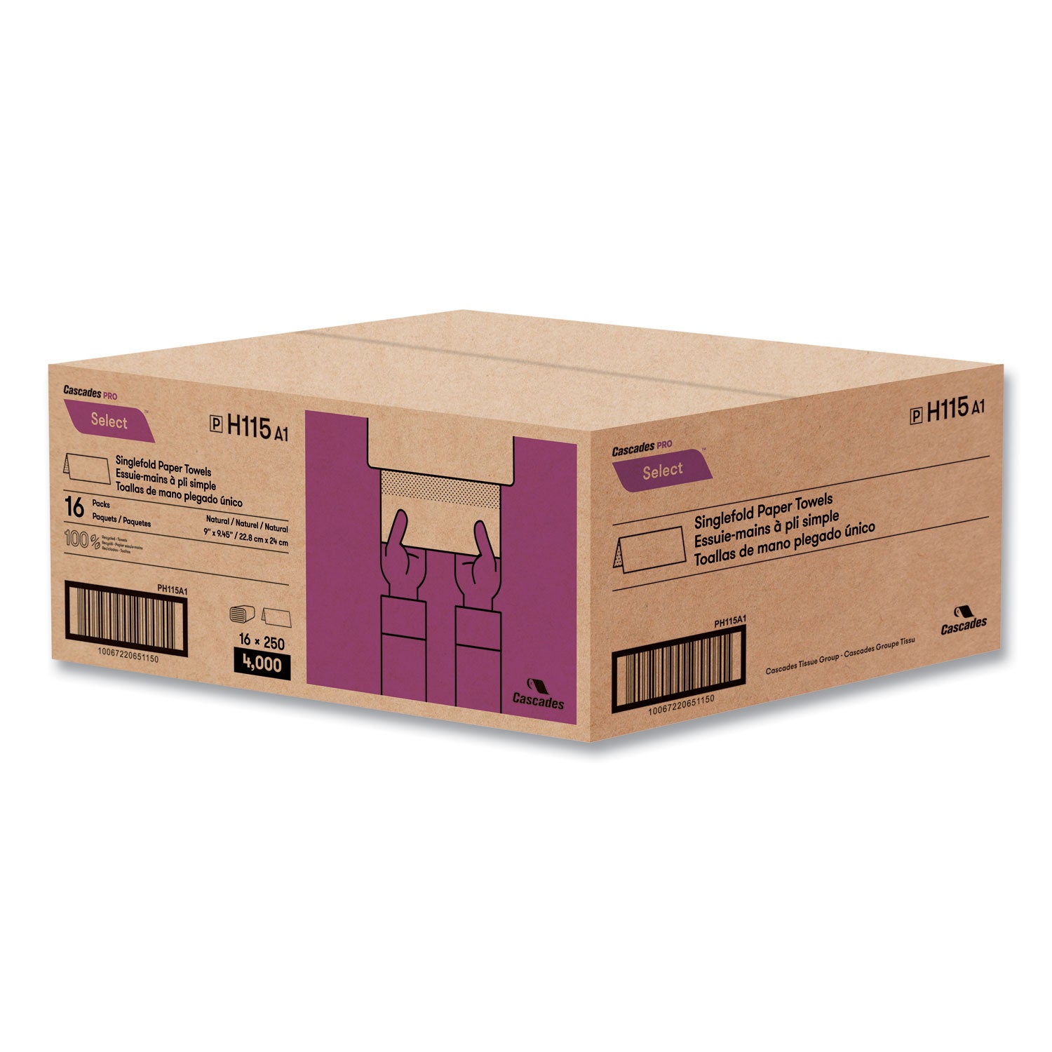 Select Folded Paper Towels, Single-Fold, 1-Ply, 9 x 9.45, Natural Brown, 250/Pack, 16 Packs/Carton