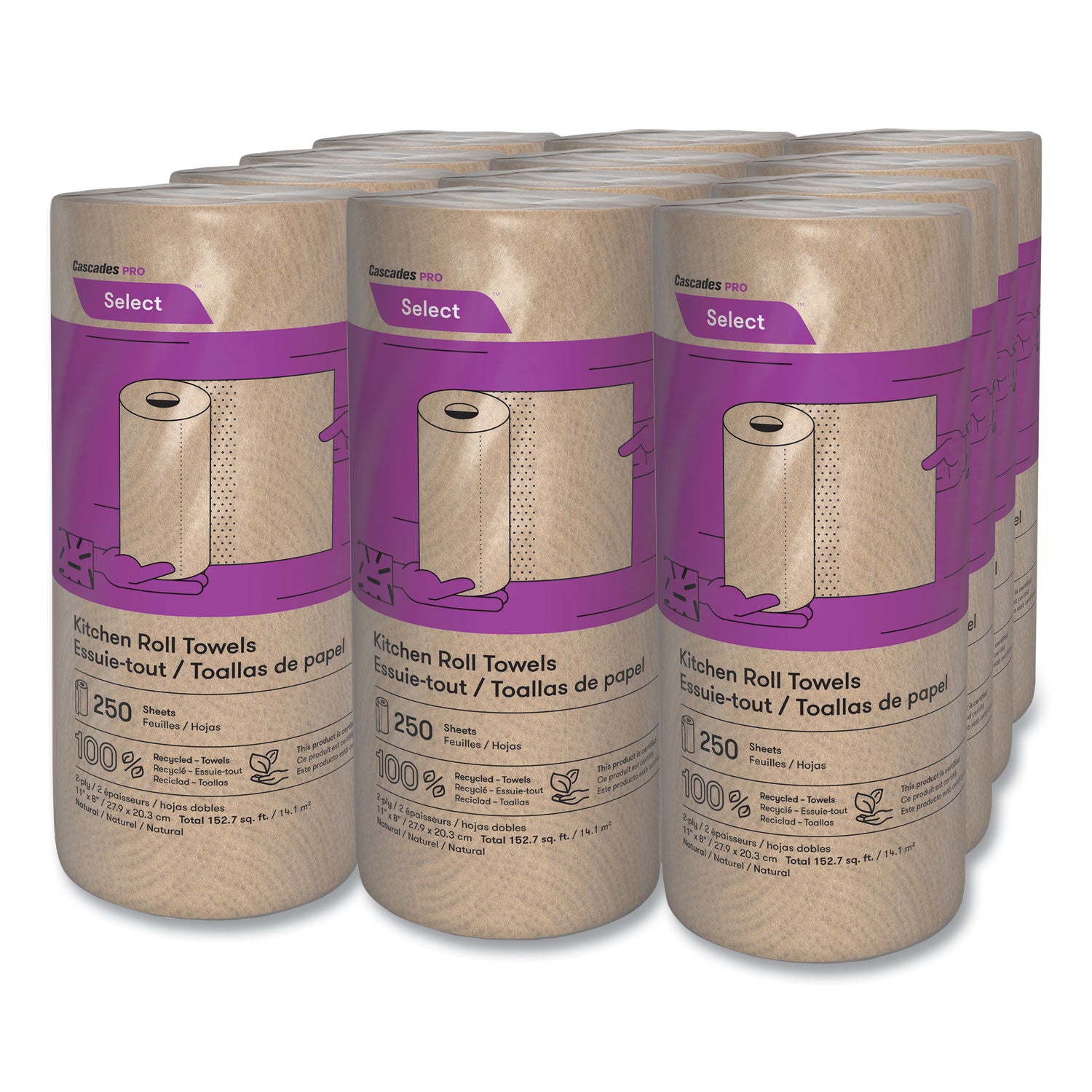 Select Kitchen Roll Towels, 2-Ply, 11" X 166.6 Ft, Natural, 250/roll, 12/carton