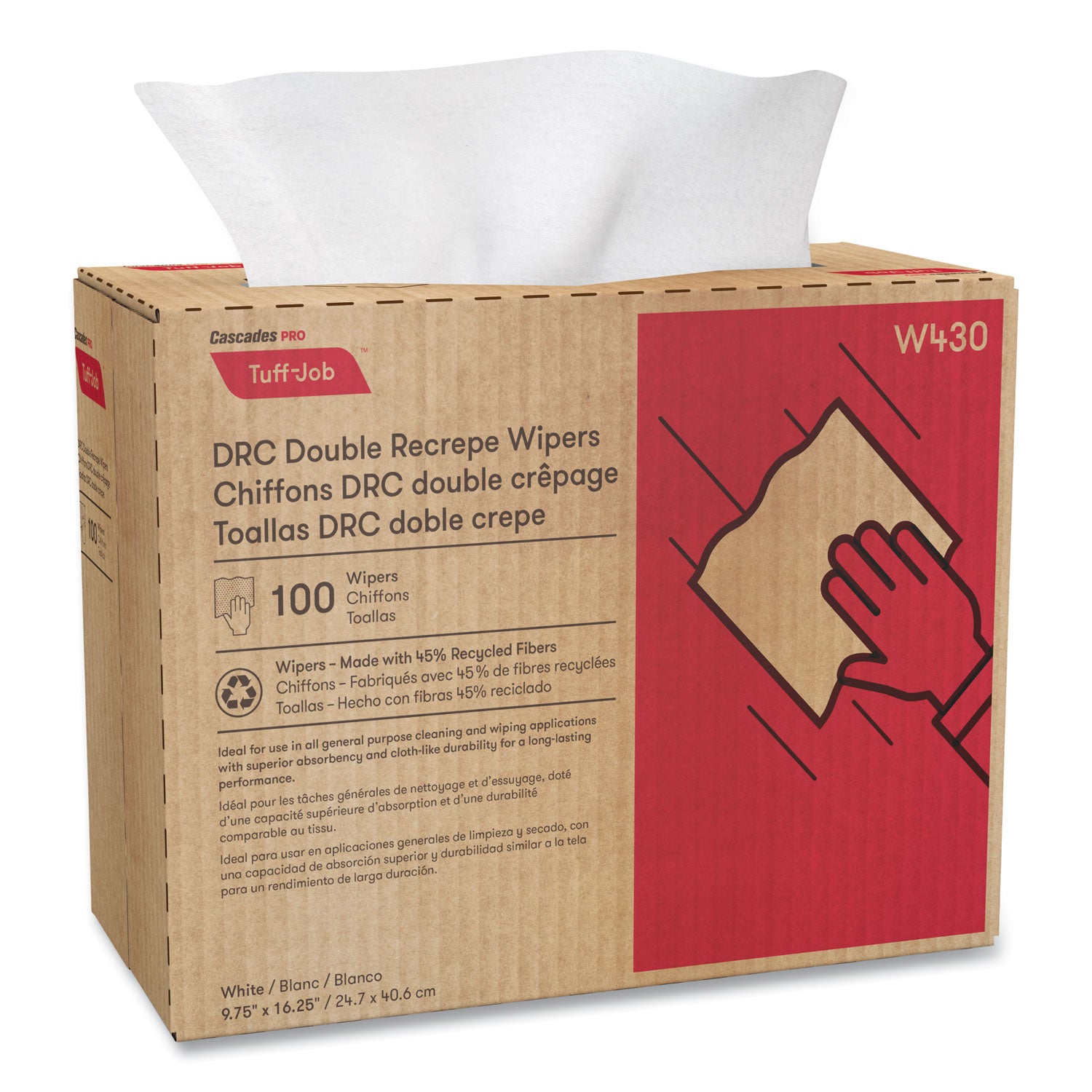 Tuff-Job Double Recrepe Wipers, 9.75 X 16.5, White, 100/box, 8 Box/carton