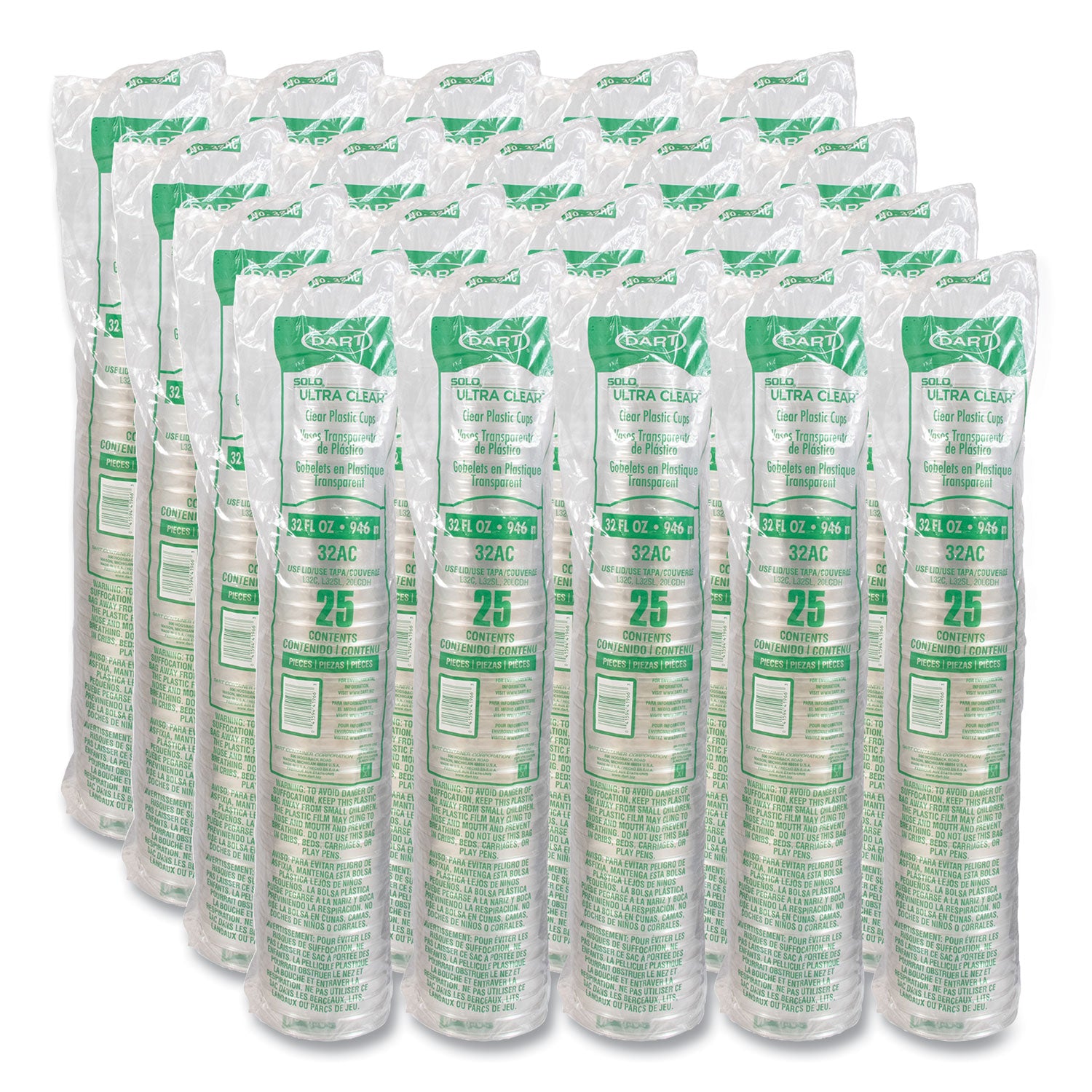 Ultra Clear Pedestal PET Cups, 32 oz, Plastic, Clear, 25/Bag, 20 Bags/Carton