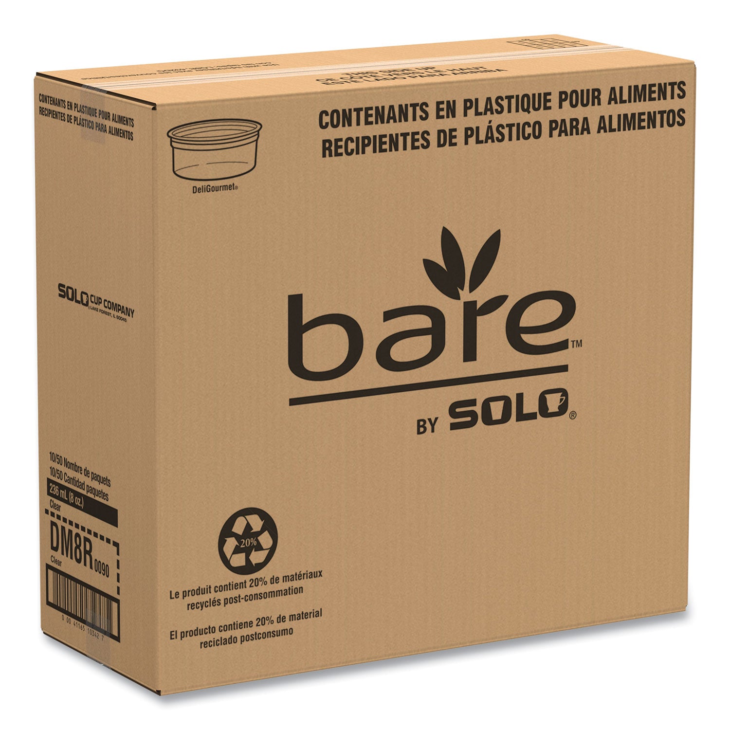 Bare Eco-Forward RPET Deli Containers, ProPlanet Seal, 8 oz, 4.6" Diameter x 1.8" h, Clear, Plastic, 500/Carton
