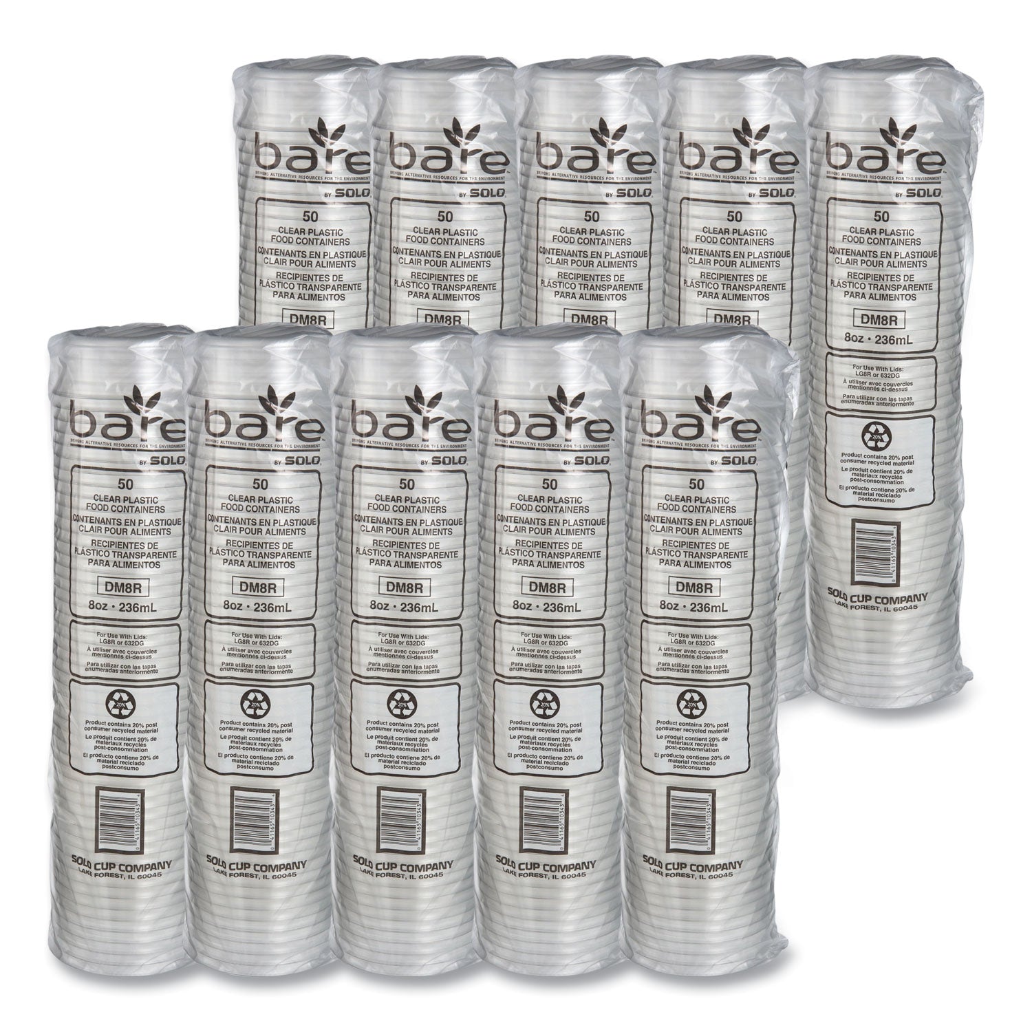 Bare Eco-Forward RPET Deli Containers, ProPlanet Seal, 8 oz, 4.6" Diameter x 1.8" h, Clear, Plastic, 500/Carton
