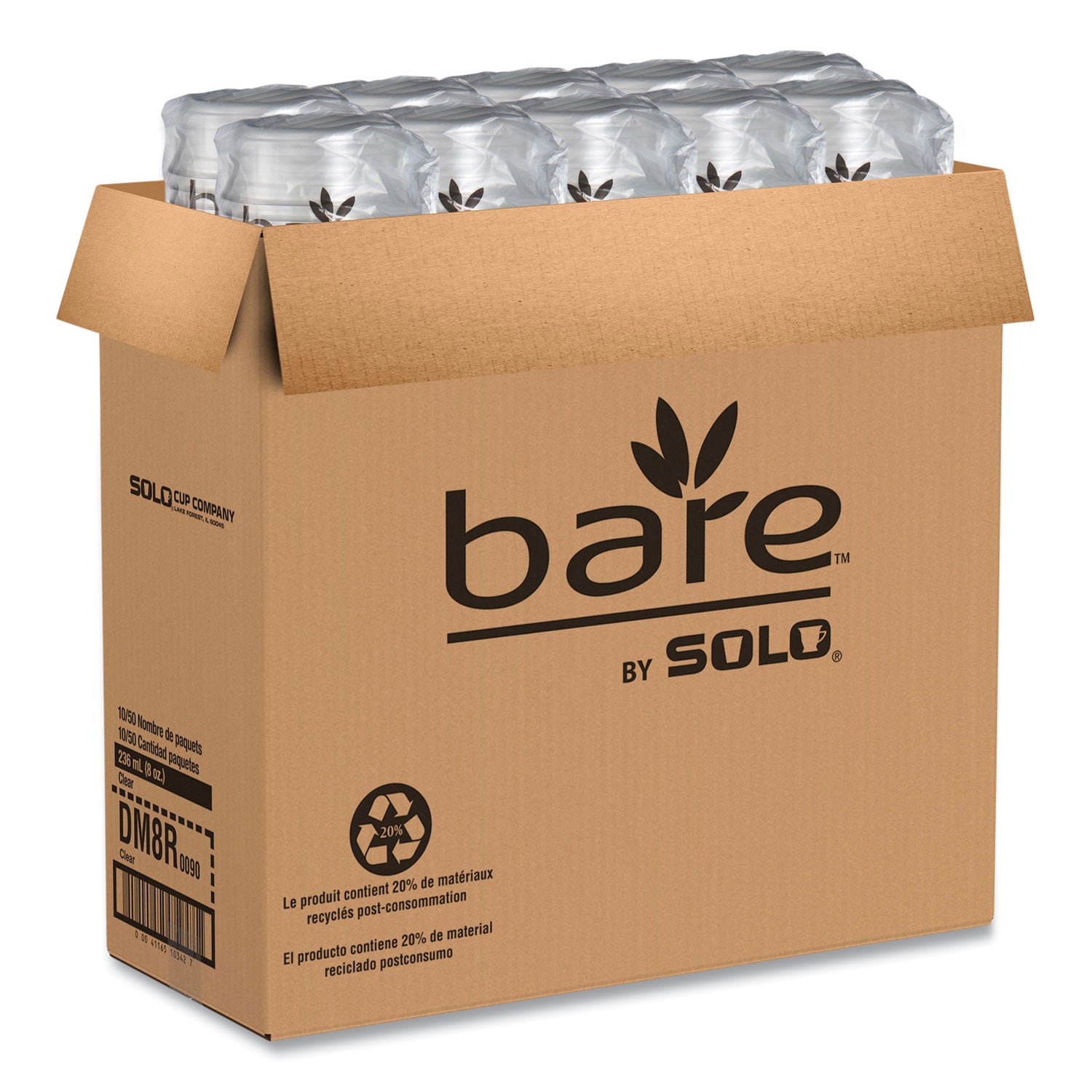 Bare Eco-Forward RPET Deli Containers, ProPlanet Seal, 8 oz, 4.6" Diameter x 1.8" h, Clear, Plastic, 500/Carton