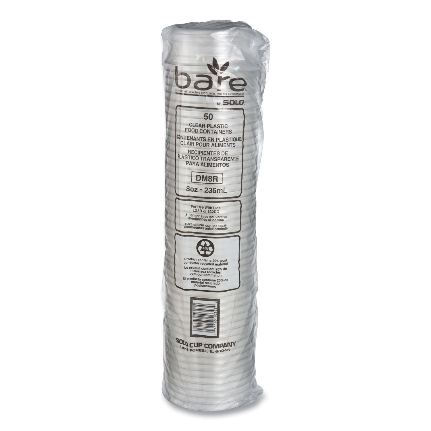 Bare Eco-Forward RPET Deli Containers, ProPlanet Seal, 8 oz, 4.6" Diameter x 1.8" h, Clear, Plastic, 500/Carton