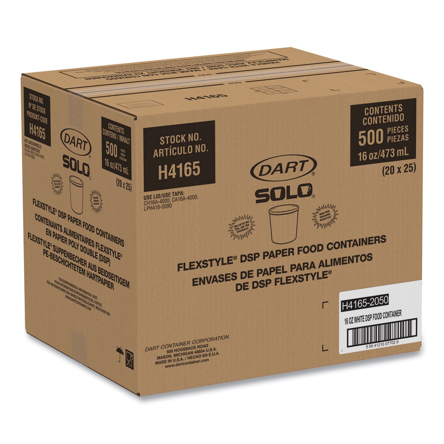 Flexstyle Double Poly Paper Containers, 16 oz, White, Paper, 25/Pack, 20 Packs/Carton