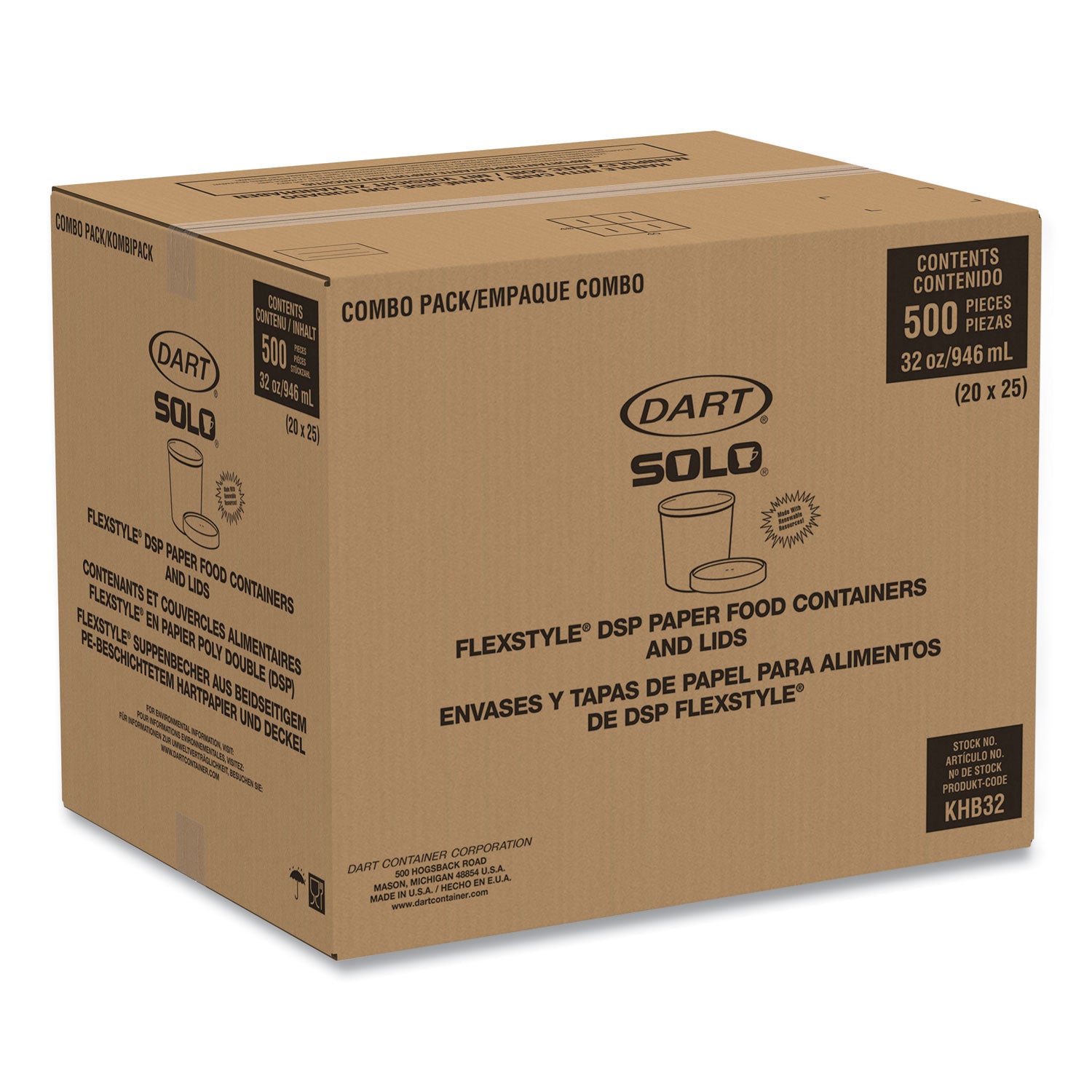Flexstyle Double Poly Food Combo Packs, 32 oz, Symphony, Paper, 25 Cups and 25 Lids/Pack, 10 Packs/Carton