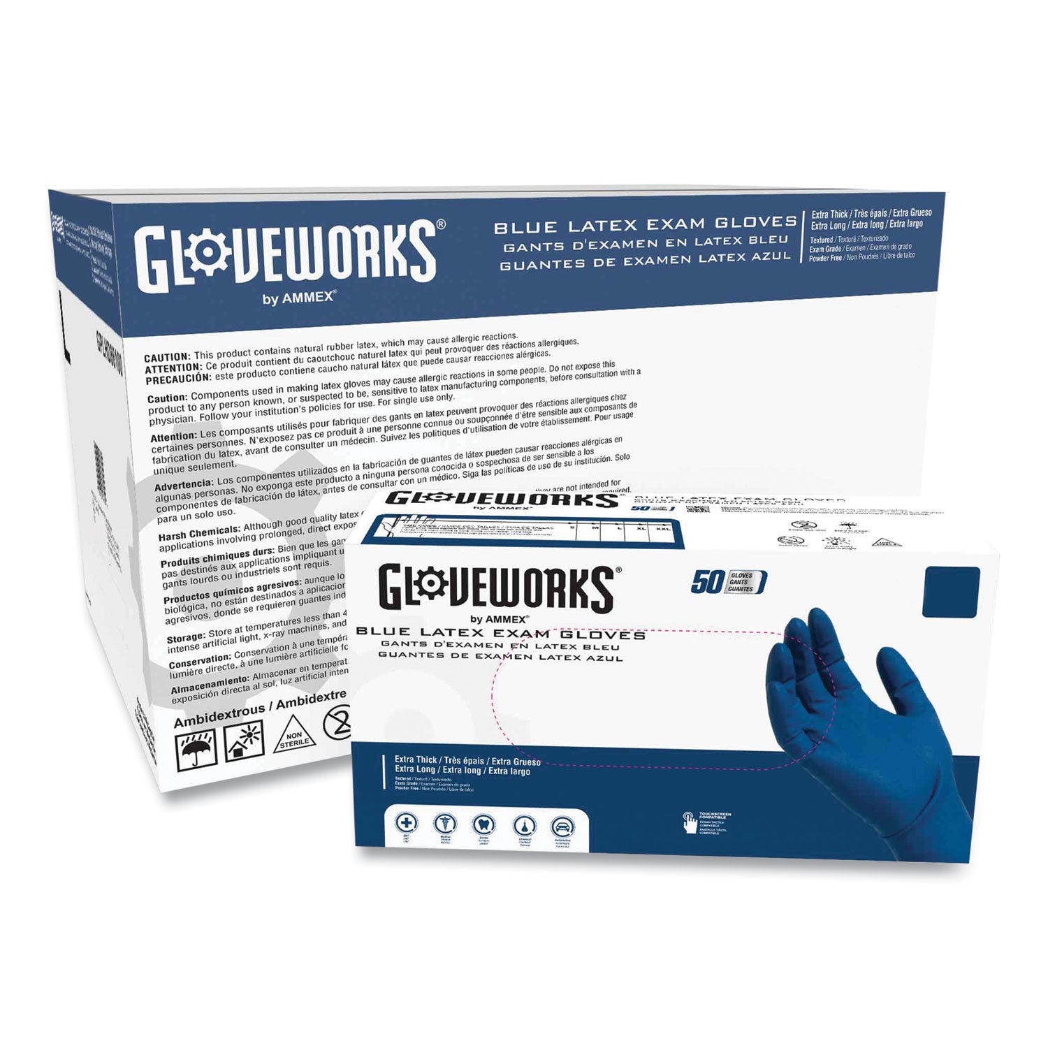 Latex Exam Gloves, Powder-Free, X-Large, Blue, 50 Gloves/Box, 10 Boxes/Carton