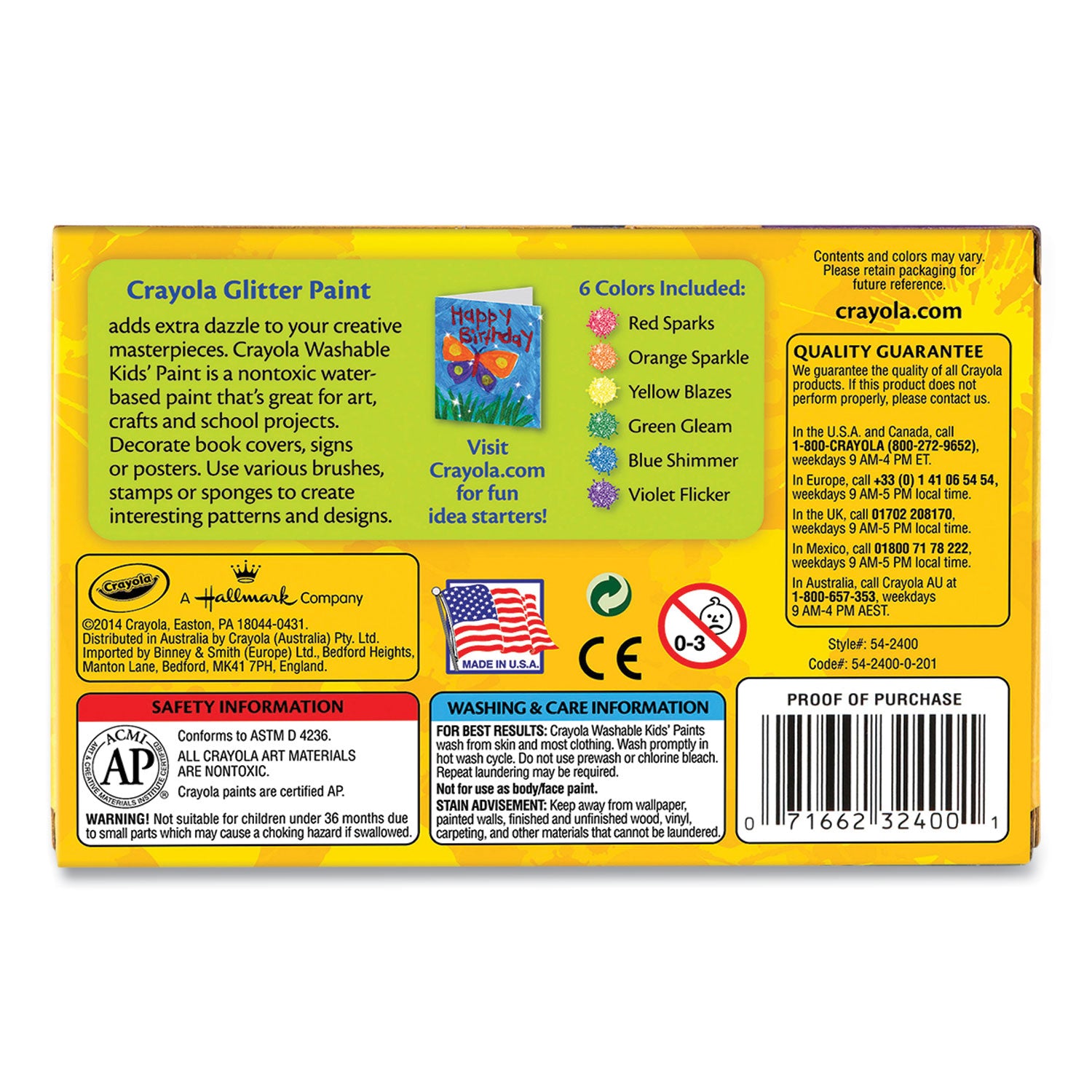 Washable Paint, 6 Assorted Classic Colors, 2 Oz Bottle, 6/pack