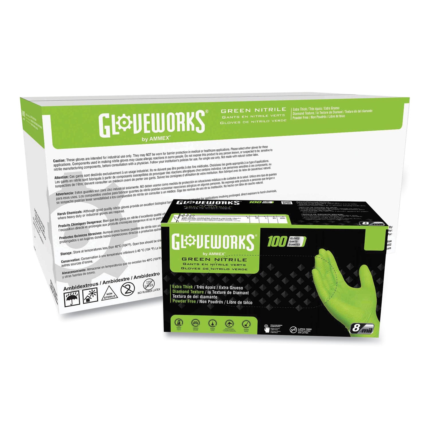 Heavy-Duty Industrial Nitrile Gloves, Powder-Free, 8 mil, Large, Green, 100 Gloves/Box, 10 Boxes/Carton