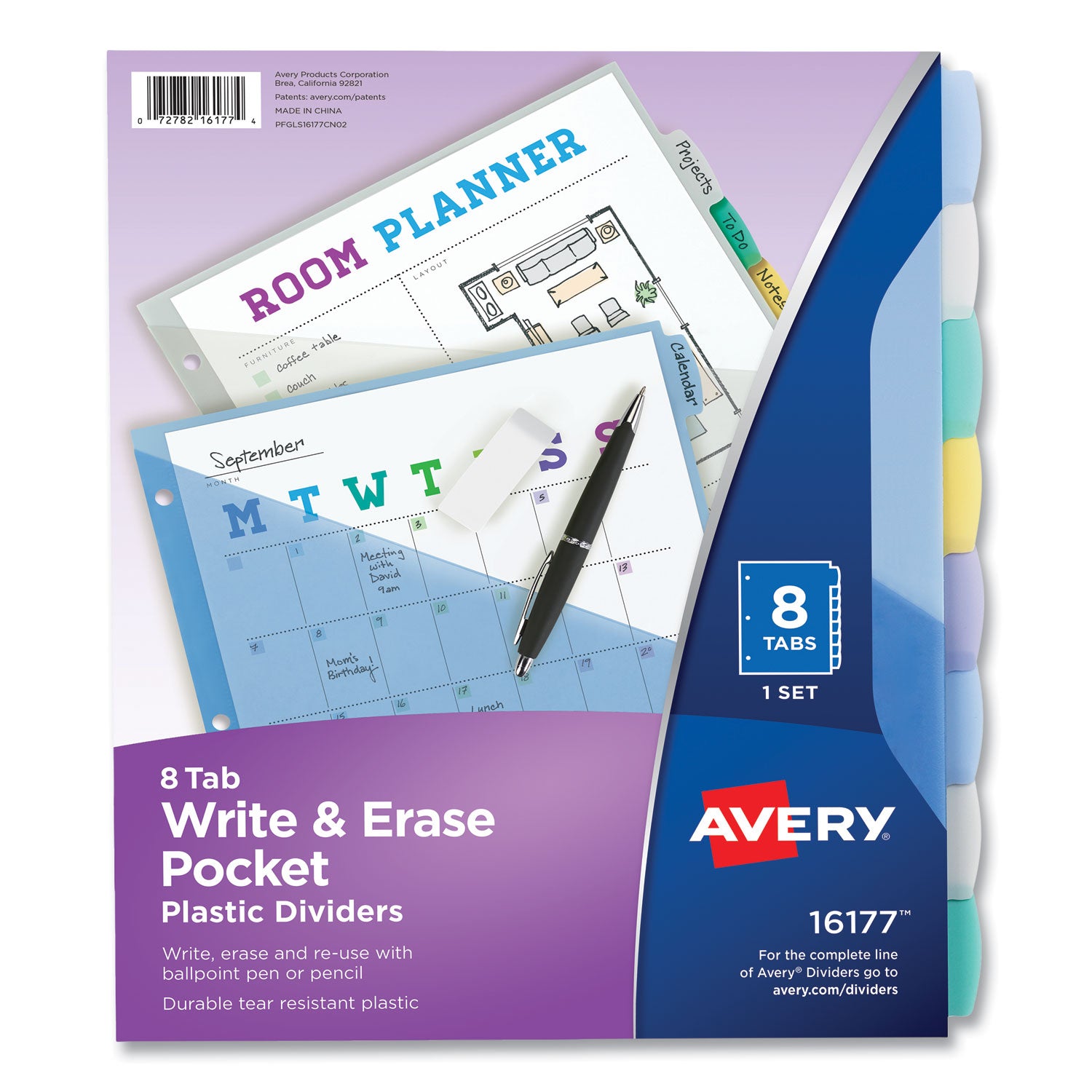 Write & Erase Pocket Plastic Dividers, 8-Tab Set, Multicolor, 1 Set