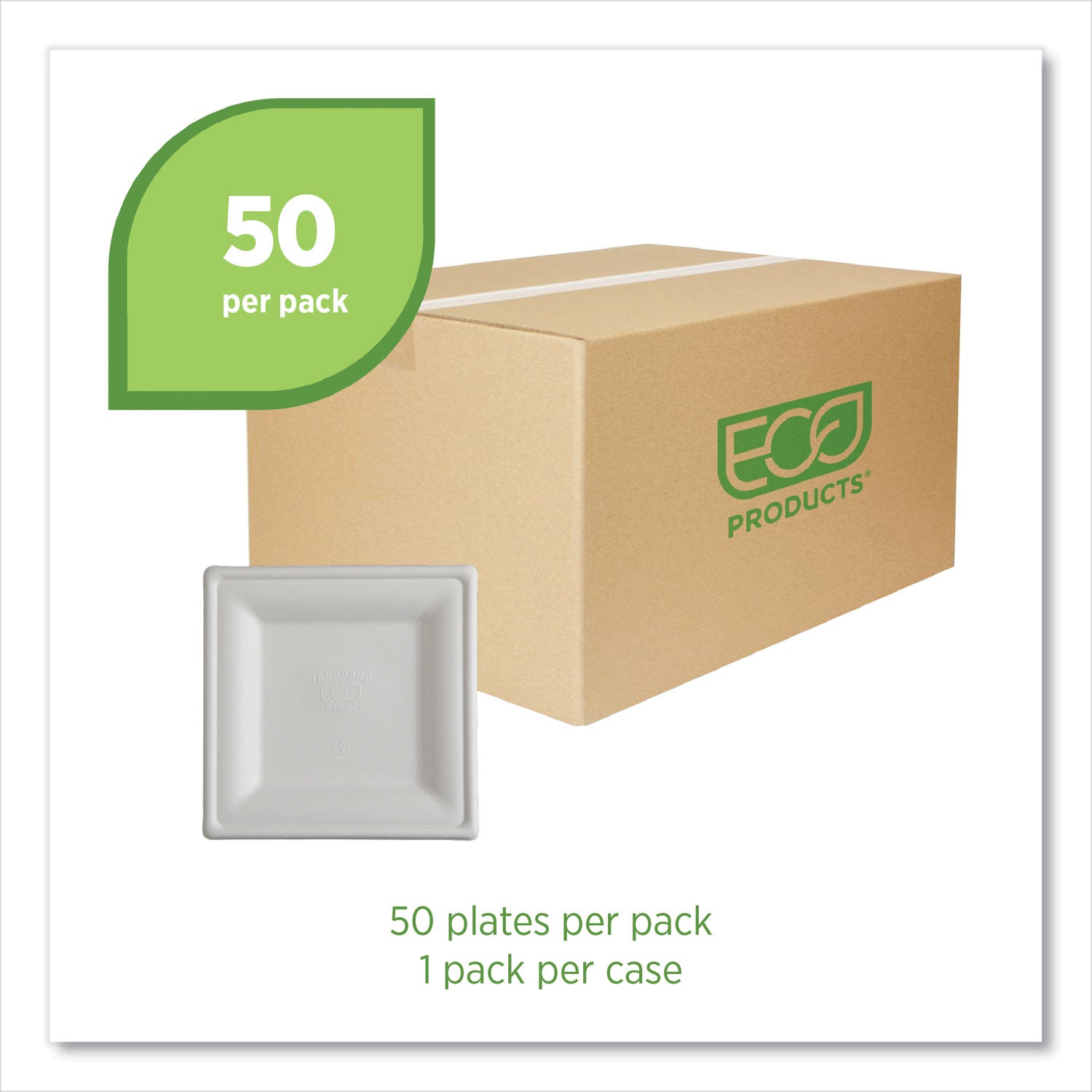 Vanguard Renewable and Compostable Sugarcane Plates, 10 x 10, White, 250/Carton