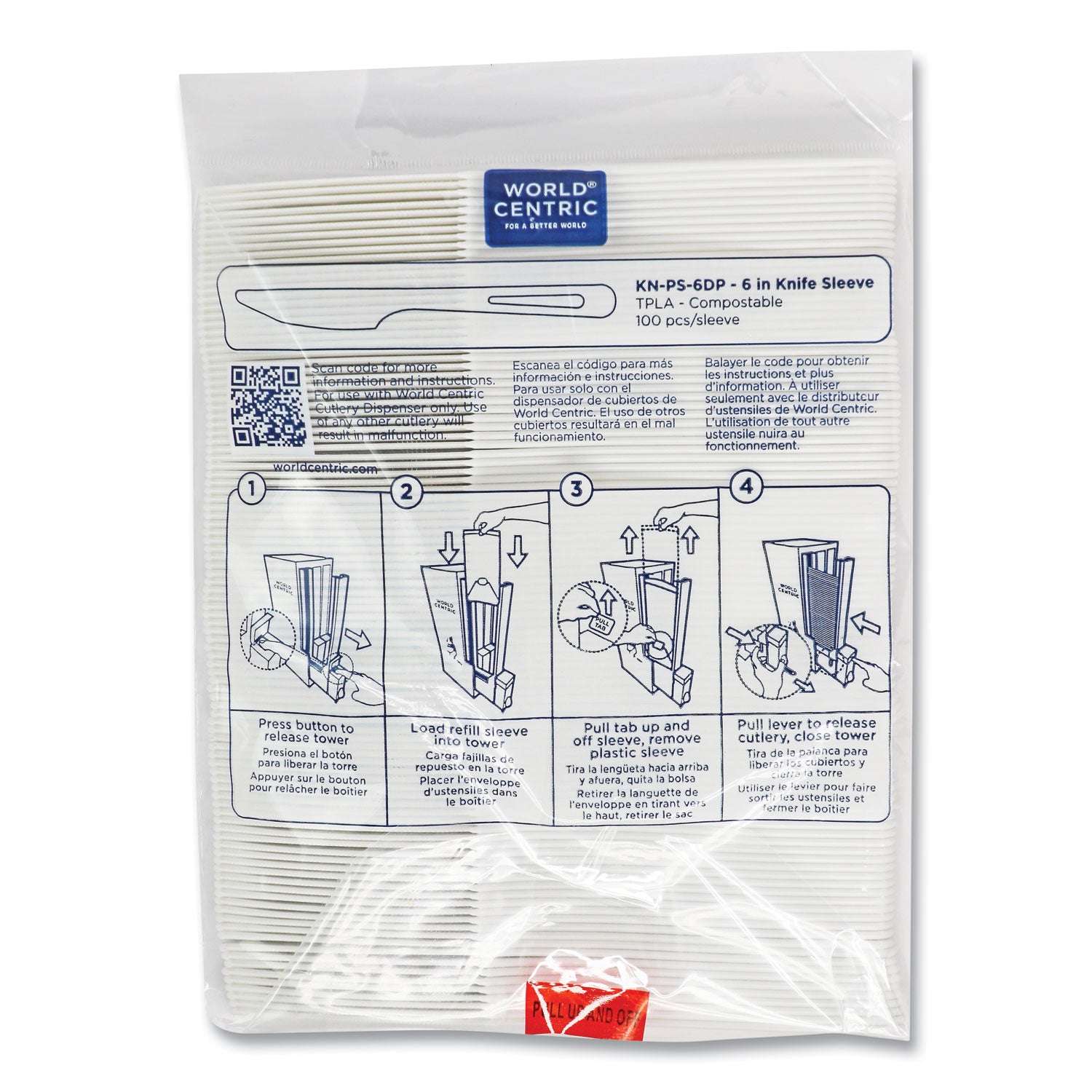 Cutlery Dispenser Refills, Knife, Plastic, White, 100/Bag, 10 Bags/Carton
