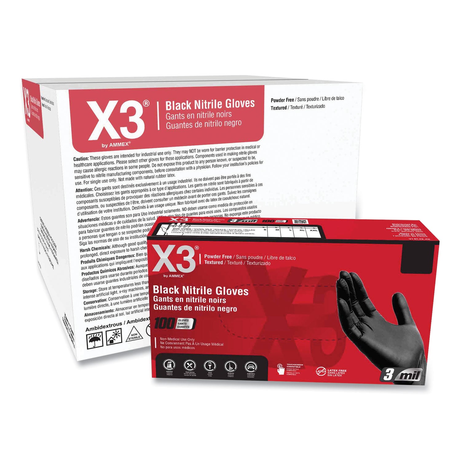 Industrial Nitrile Gloves, Powder-Free, 3 mil, Medium, Black, 100/Box, 10 Boxes/Carton