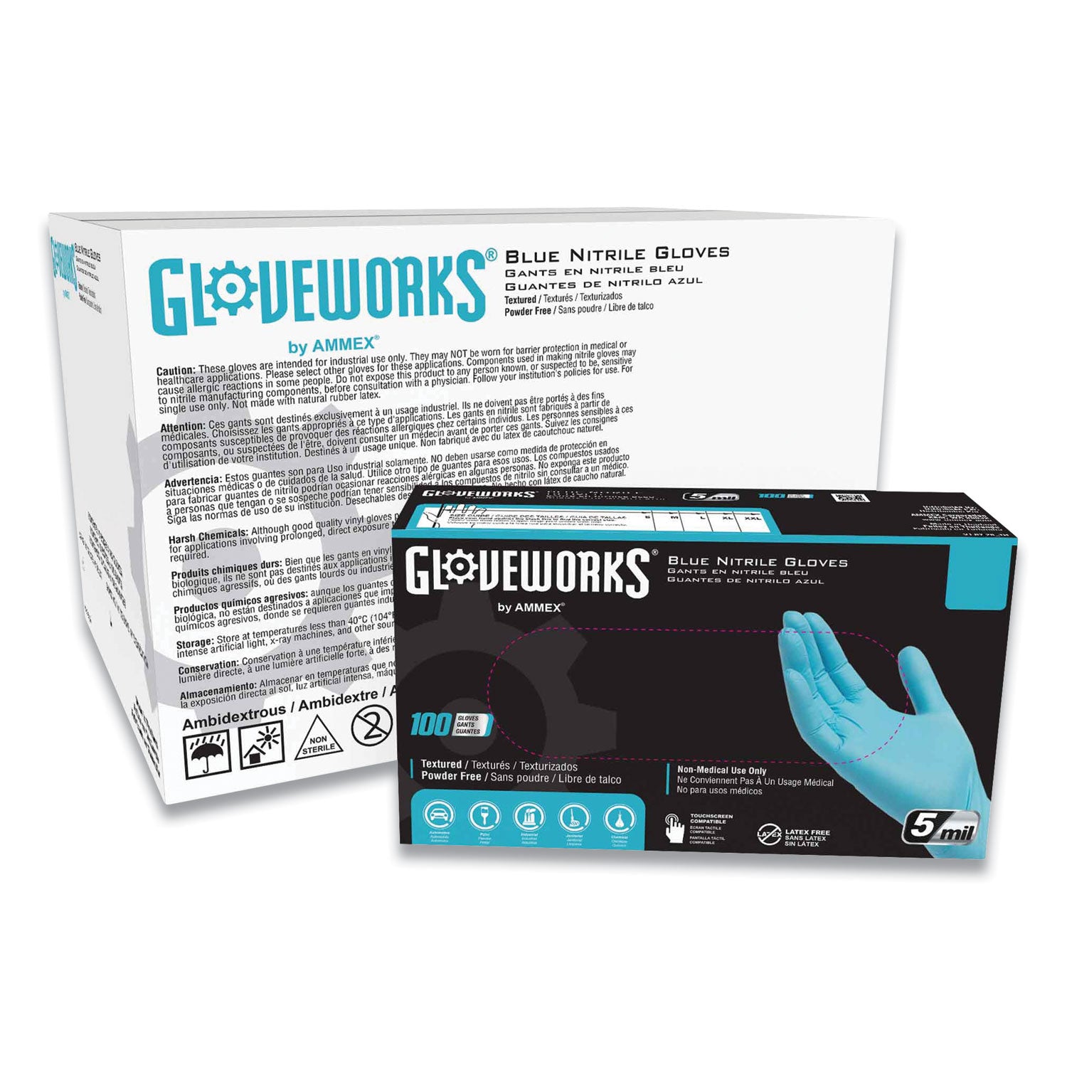 Industrial Nitrile Gloves, Powder-Free, 5 mil, Blue, Large, 100 Gloves/Box, 10 Boxes/Carton
