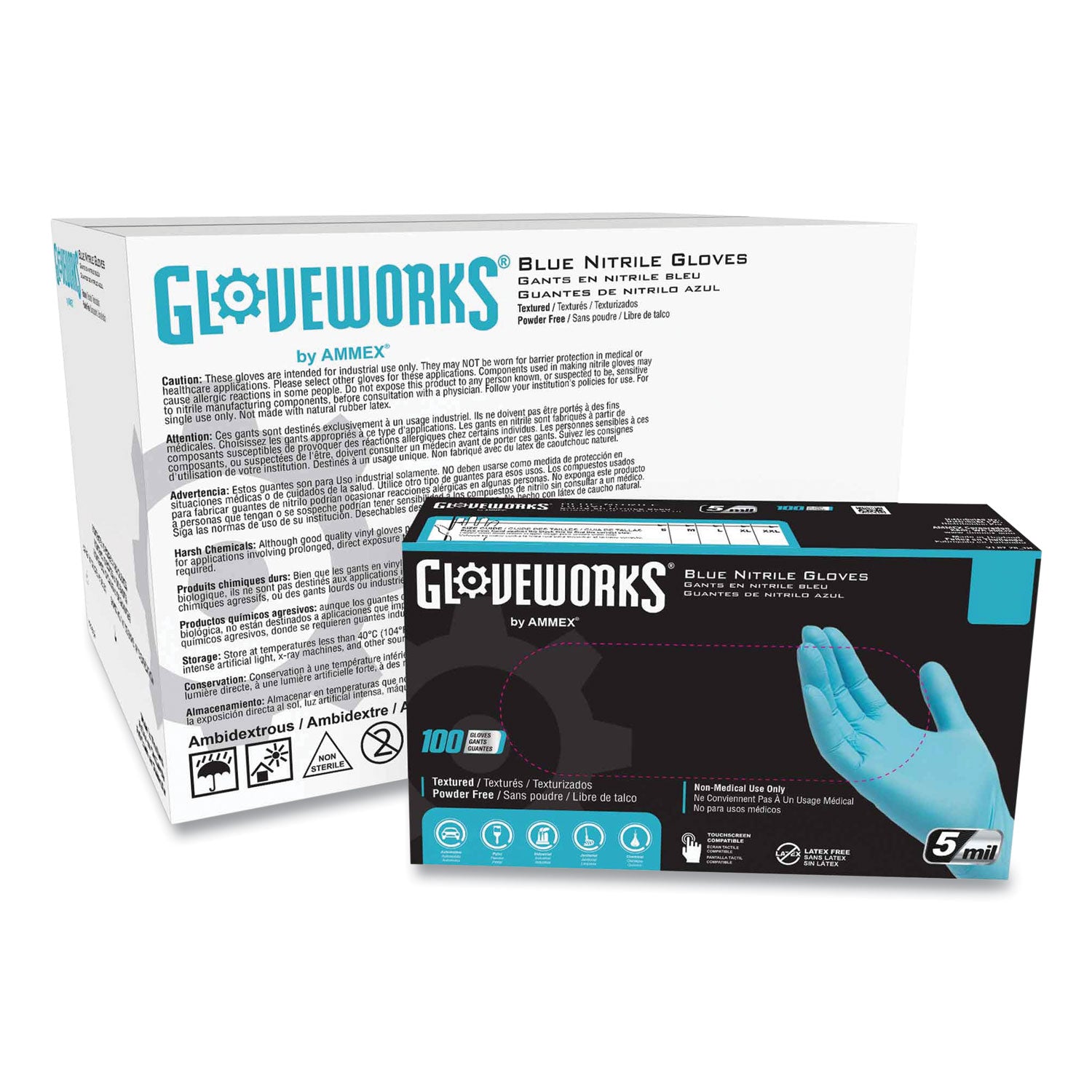 Industrial Nitrile Gloves, Powder-Free, 5 mil, Medium, Blue, 100/Box, 10 Boxes/Carton