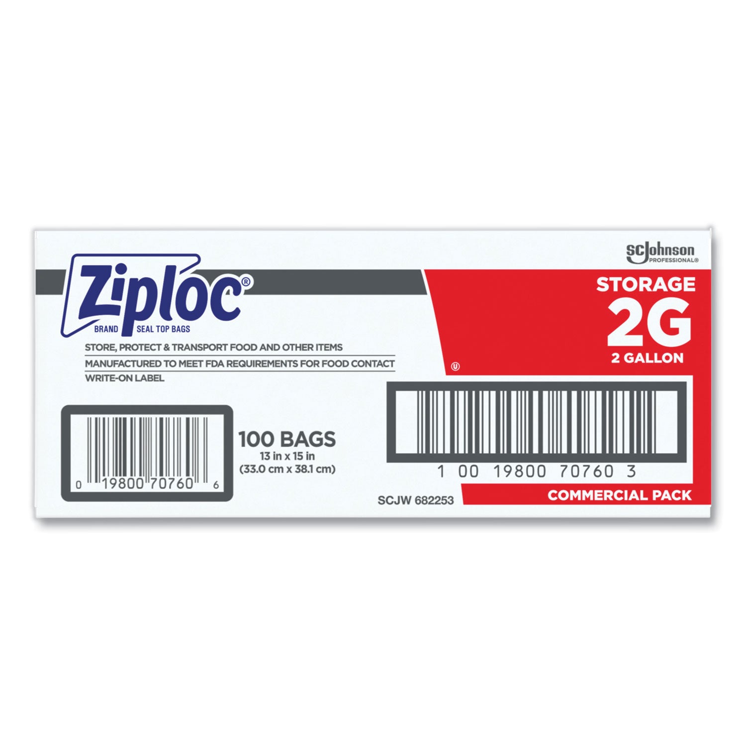 Ziploc 2-Gallon Storage Bags, Extra Large, Clear, 100/Carton