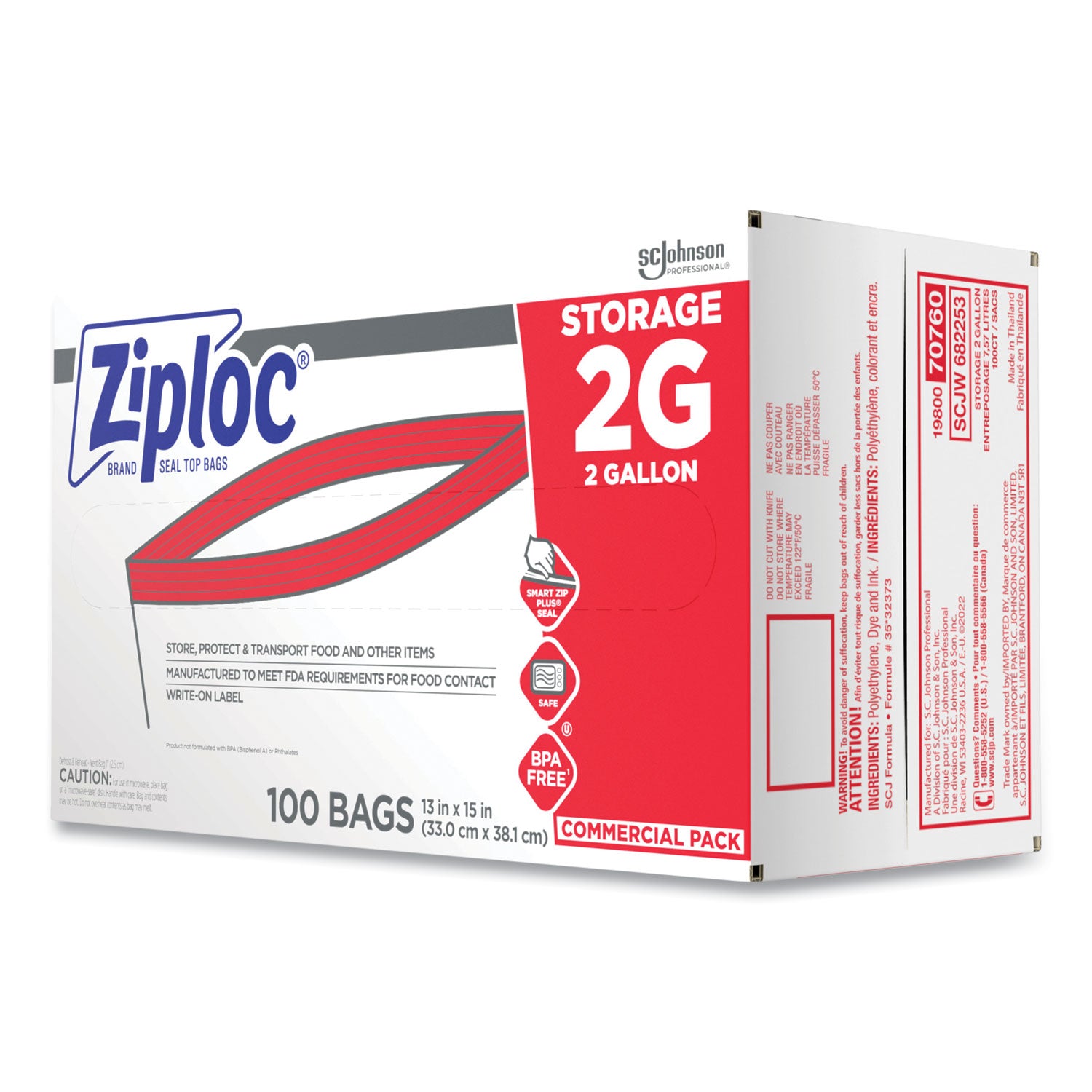Ziploc 2-Gallon Storage Bags, Extra Large, Clear, 100/Carton