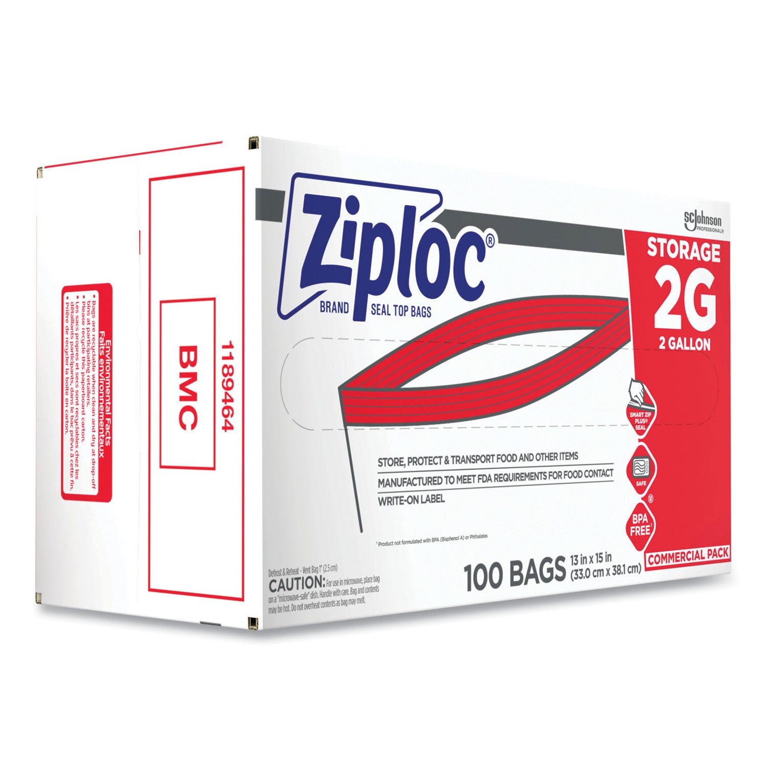 Ziploc 2-Gallon Storage Bags, Extra Large, Clear, 100/Carton