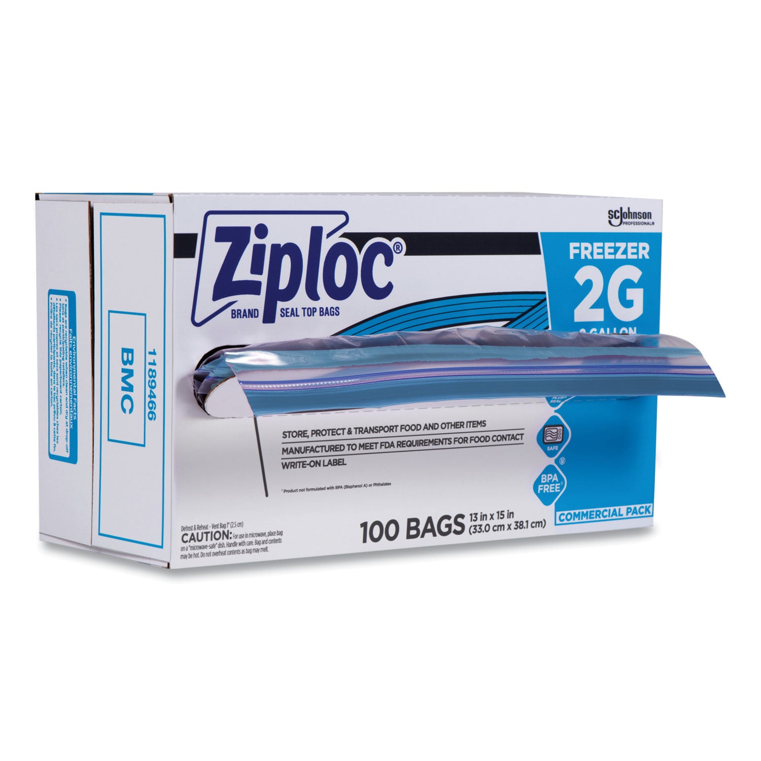 Ziploc Grip n' Seal Freezer Bags, 2 Gallon, 15" x 13", Blue, Plastic, Dual Zipper, Airtight, 100 Bags per Box, 1 Carton