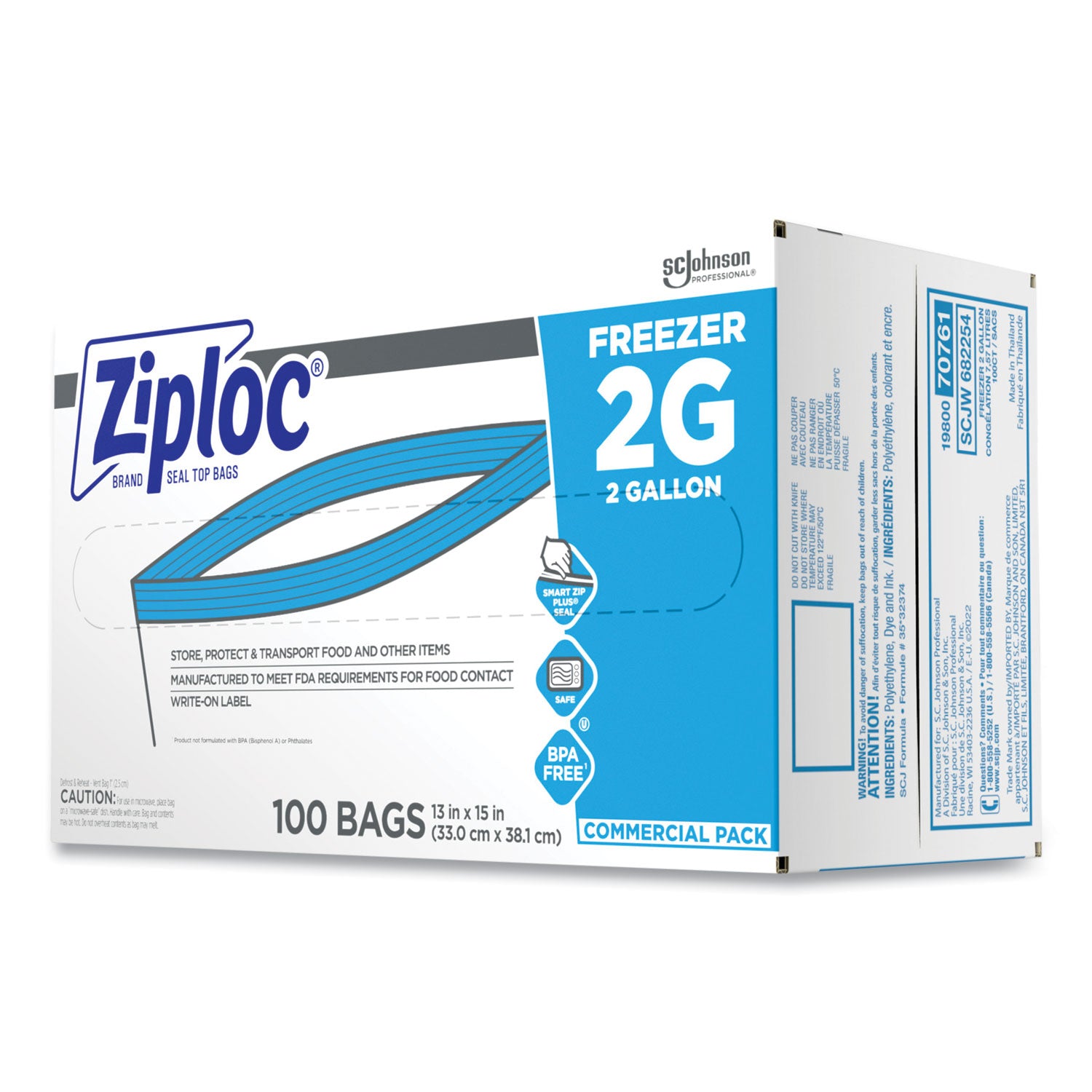 Ziploc Grip n' Seal Freezer Bags, 2 Gallon, 15" x 13", Blue, Plastic, Dual Zipper, Airtight, 100 Bags per Box, 1 Carton