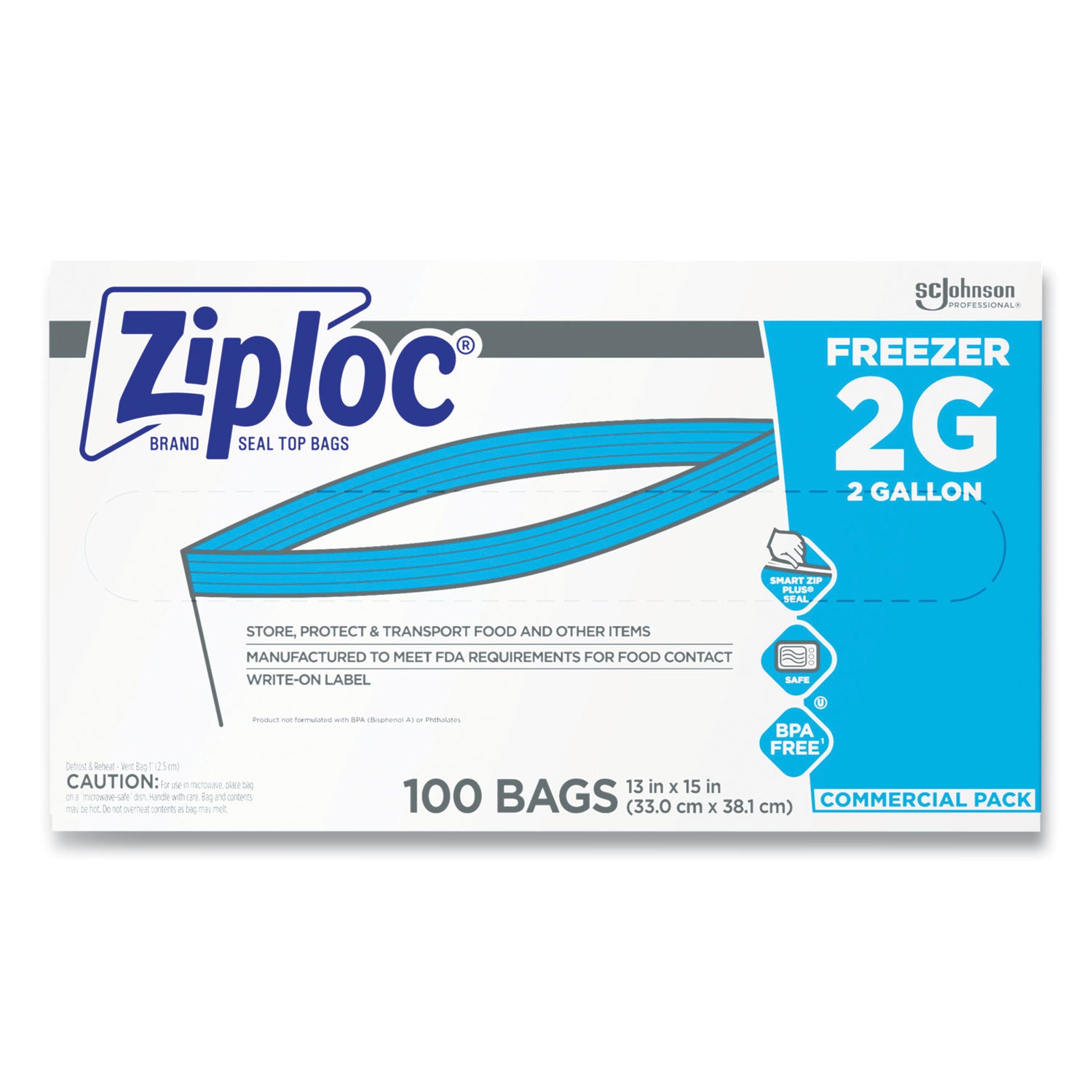 Ziploc Grip n' Seal Freezer Bags, 2 Gallon, 15" x 13", Blue, Plastic, Dual Zipper, Airtight, 100 Bags per Box, 1 Carton