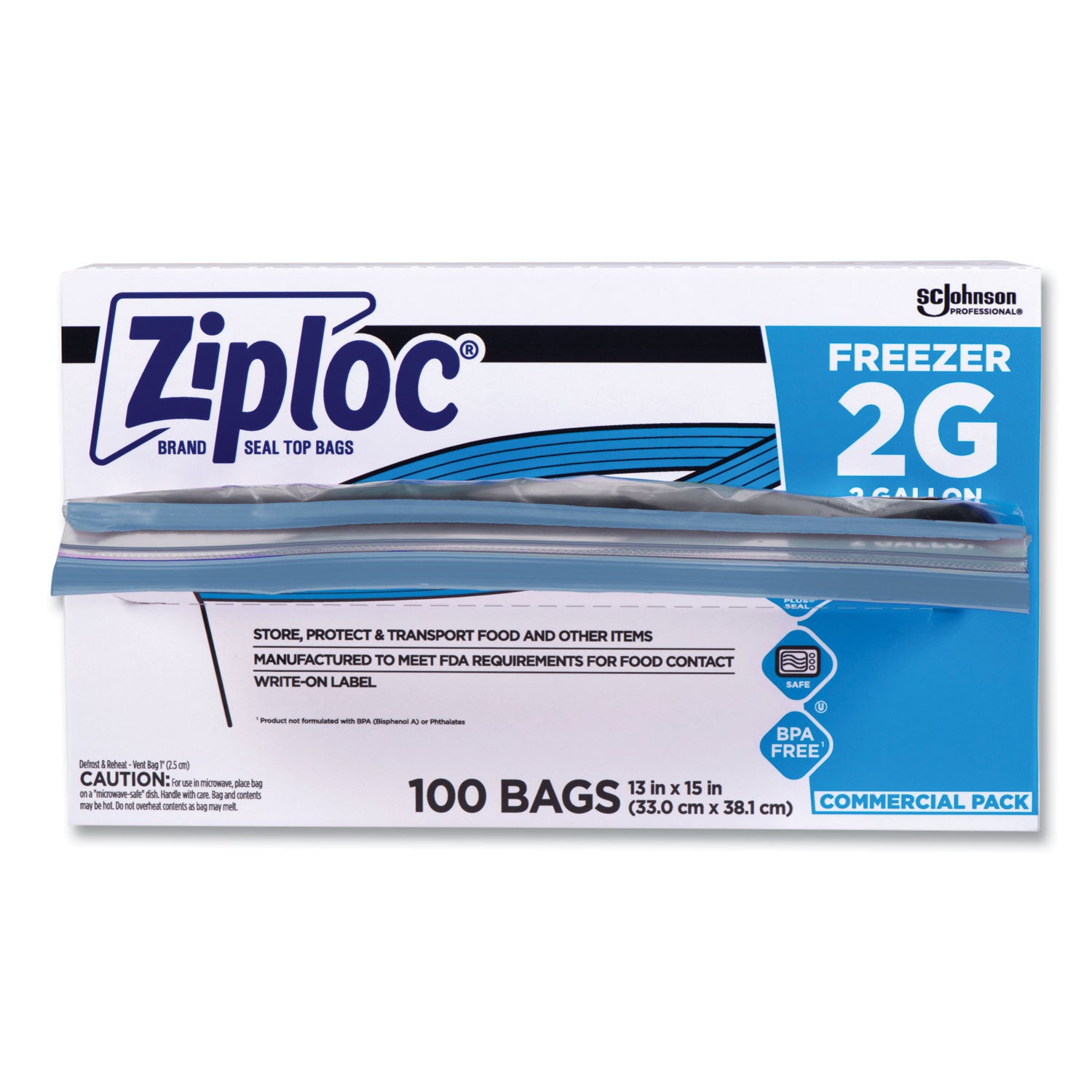 Ziploc Grip n' Seal Freezer Bags, 2 Gallon, 15" x 13", Blue, Plastic, Dual Zipper, Airtight, 100 Bags per Box, 1 Carton