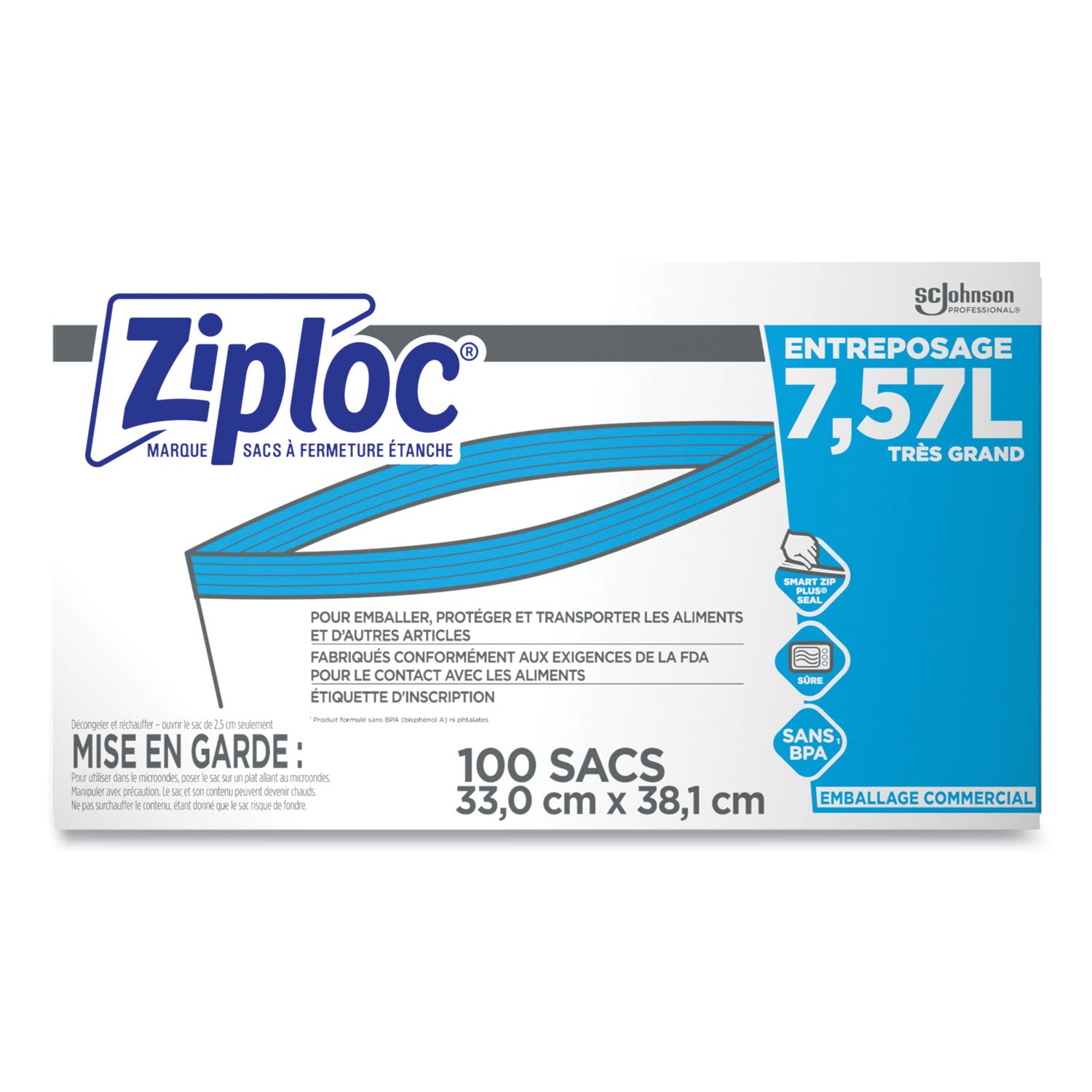 Ziploc Grip n' Seal Freezer Bags, 2 Gallon, 15" x 13", Blue, Plastic, Dual Zipper, Airtight, 100 Bags per Box, 1 Carton