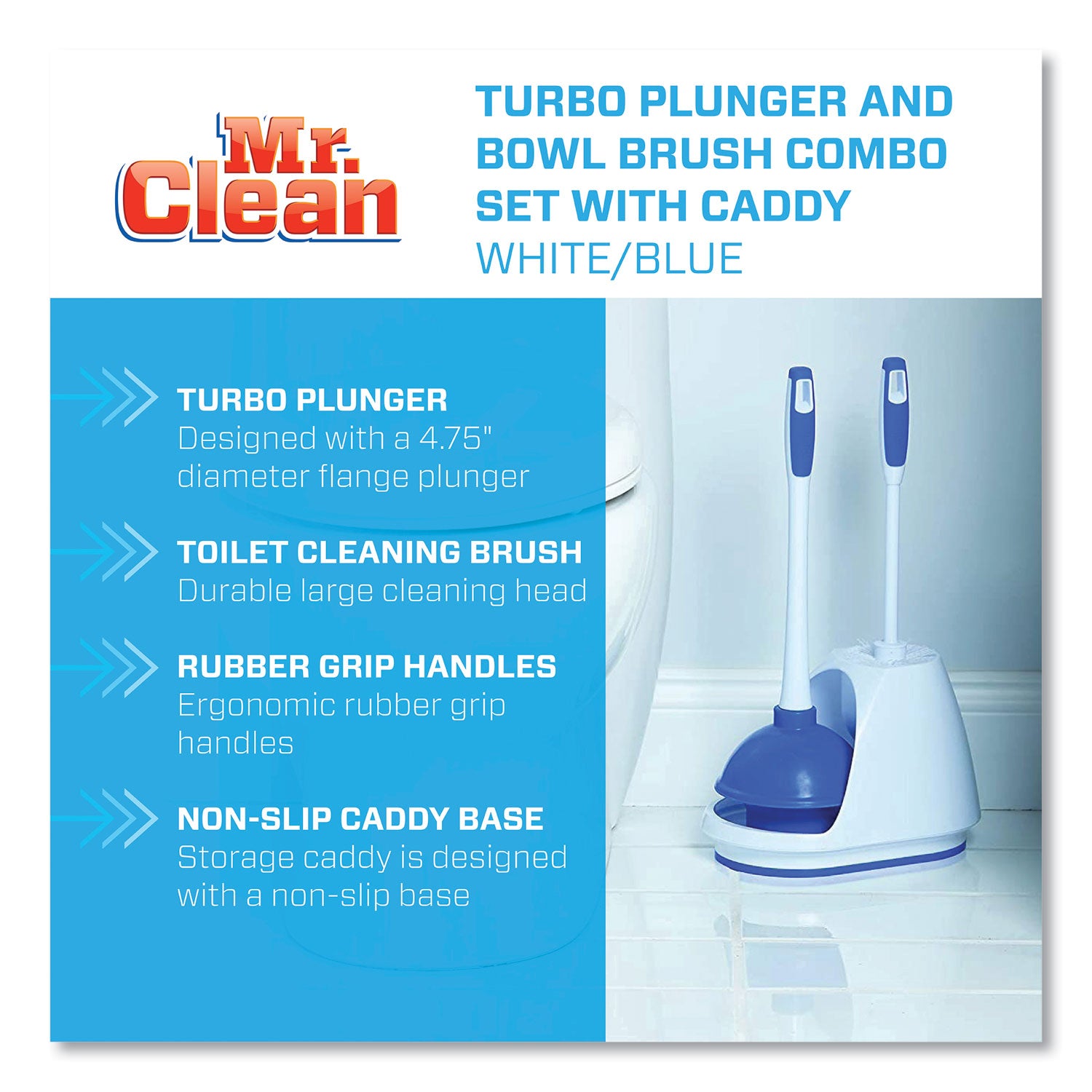 Turbo Plunger And Bowl Brush Set, 12.5" Plastic Handle, 6" Dia, White